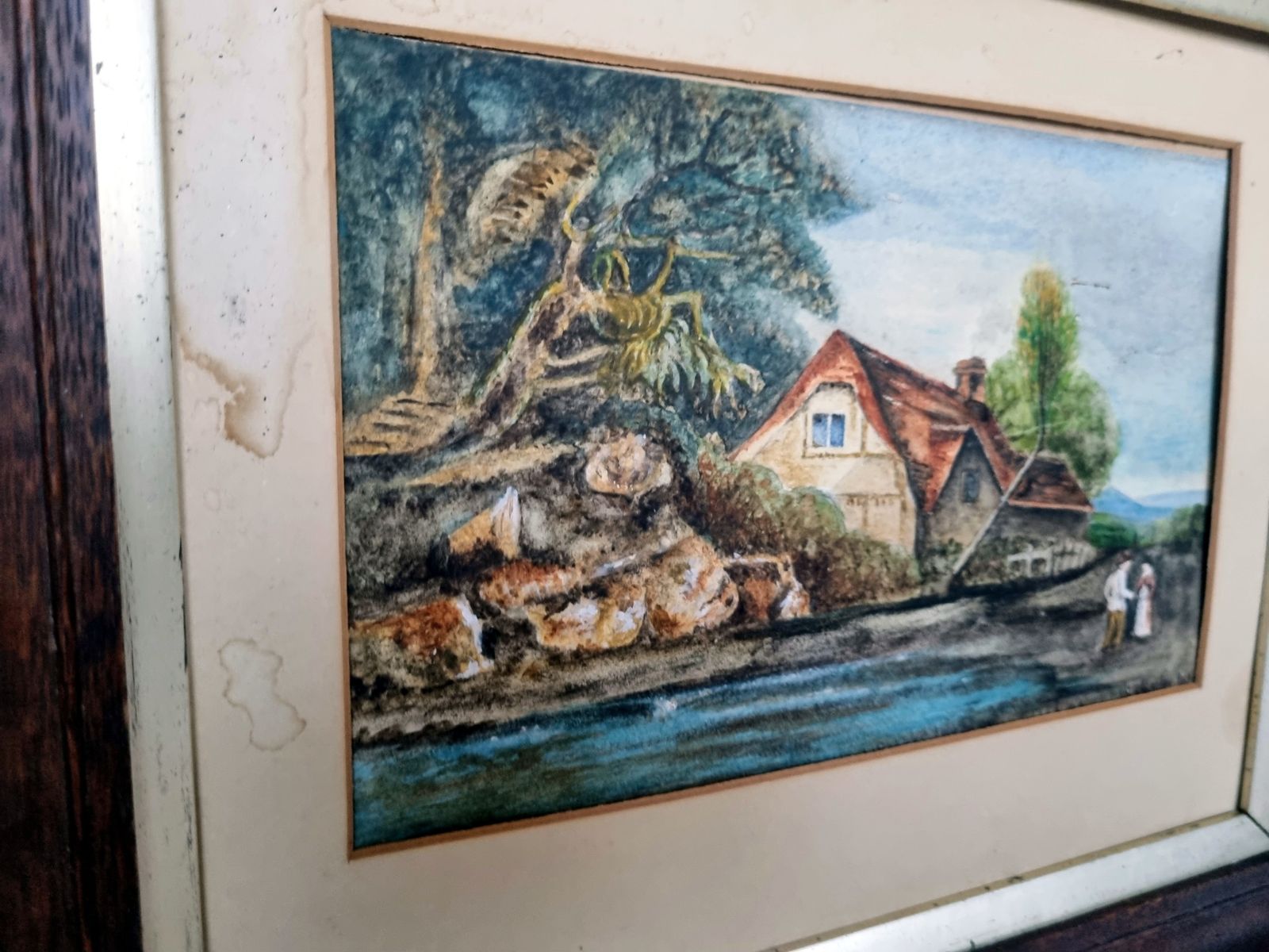 Art Antique English Landscape Painting, Original Framed Artwork On Paper, Village Scene With River photo