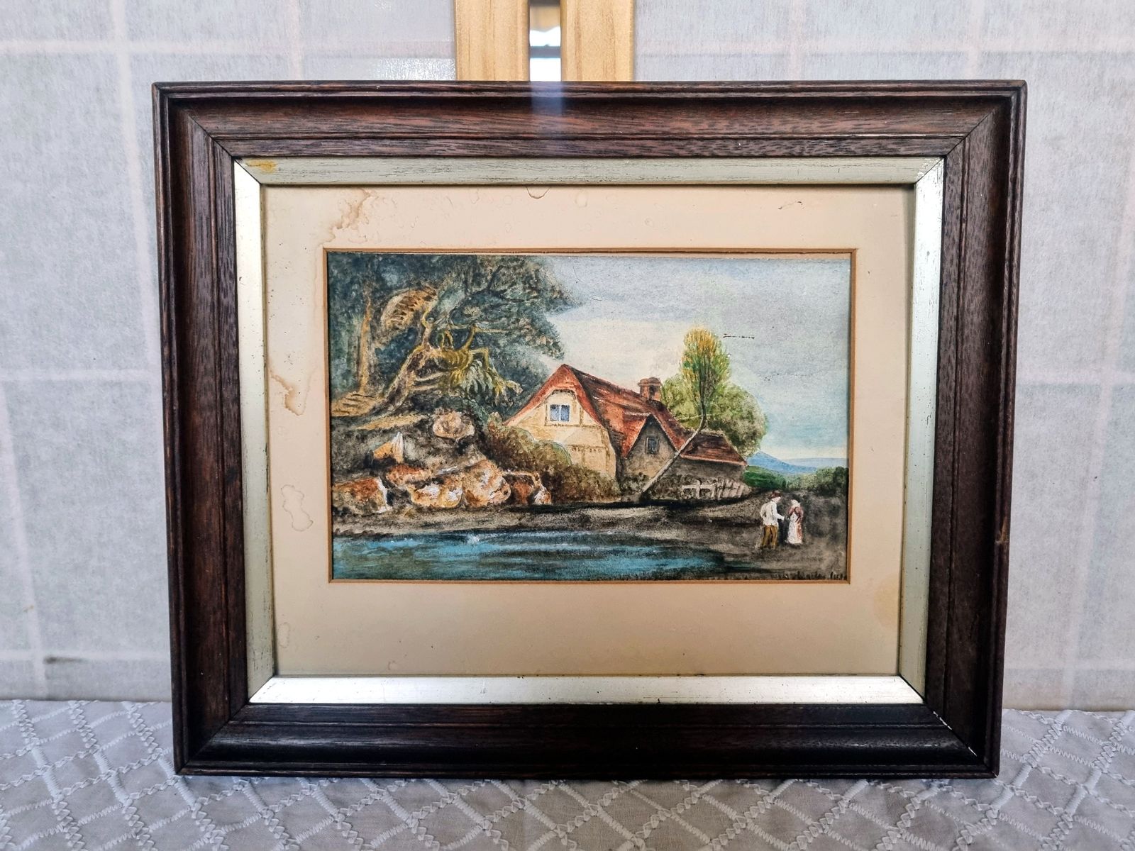 255.0 Antique English Landscape Painting, Original Framed Artwork On Paper, Village Scene With River photo