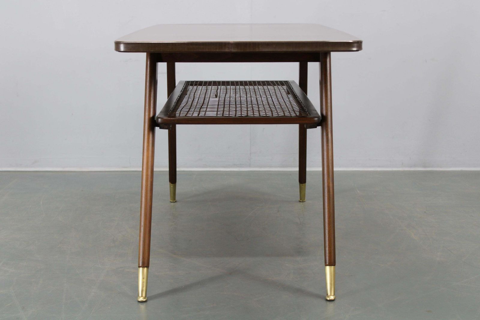 photo for sale Mid Century German Coffee Table With Rattan Shelf And Brass Legs