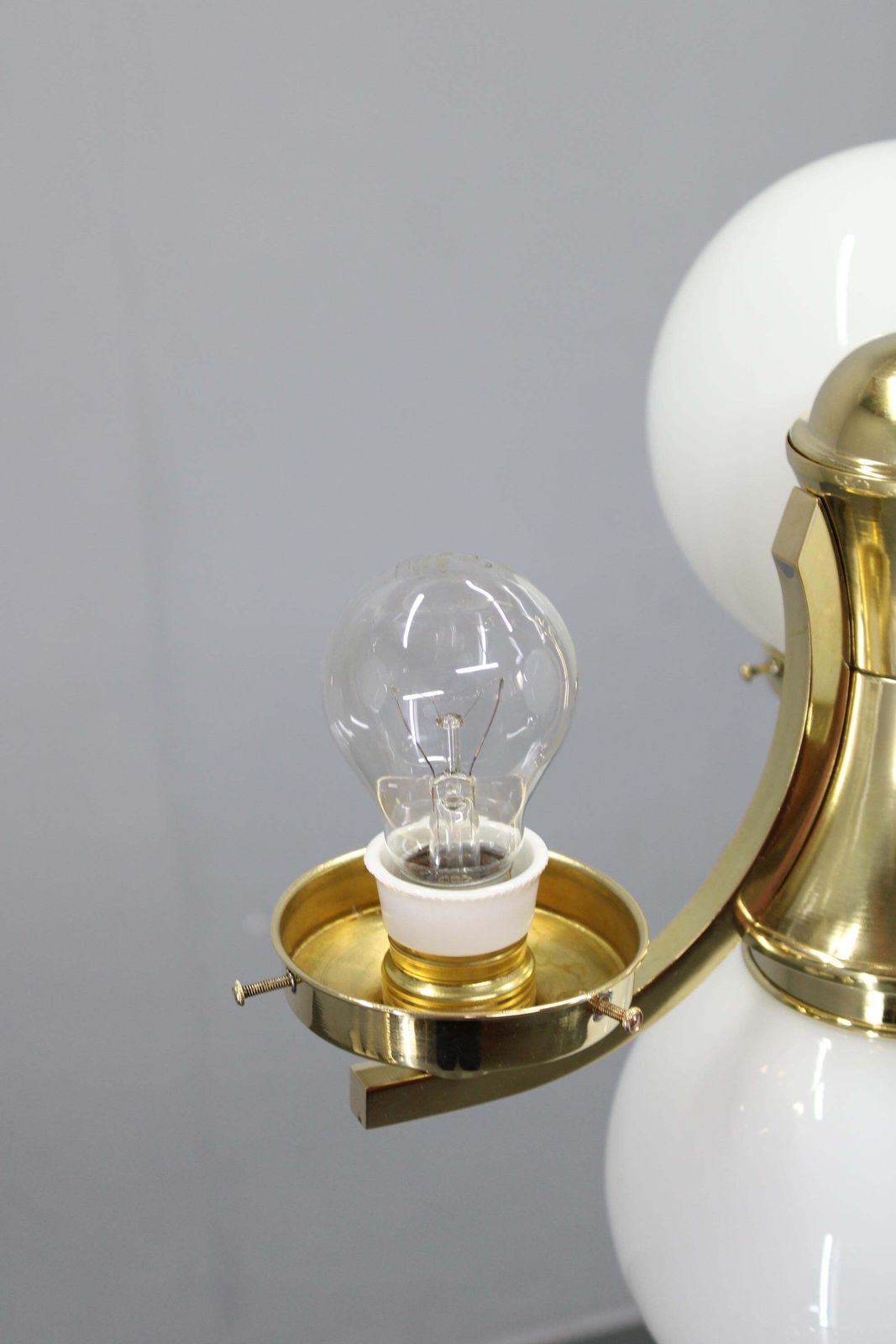Art Deco Brass Chandelier With Opaline Glass, Czechoslovakia, 1930s photo vintage