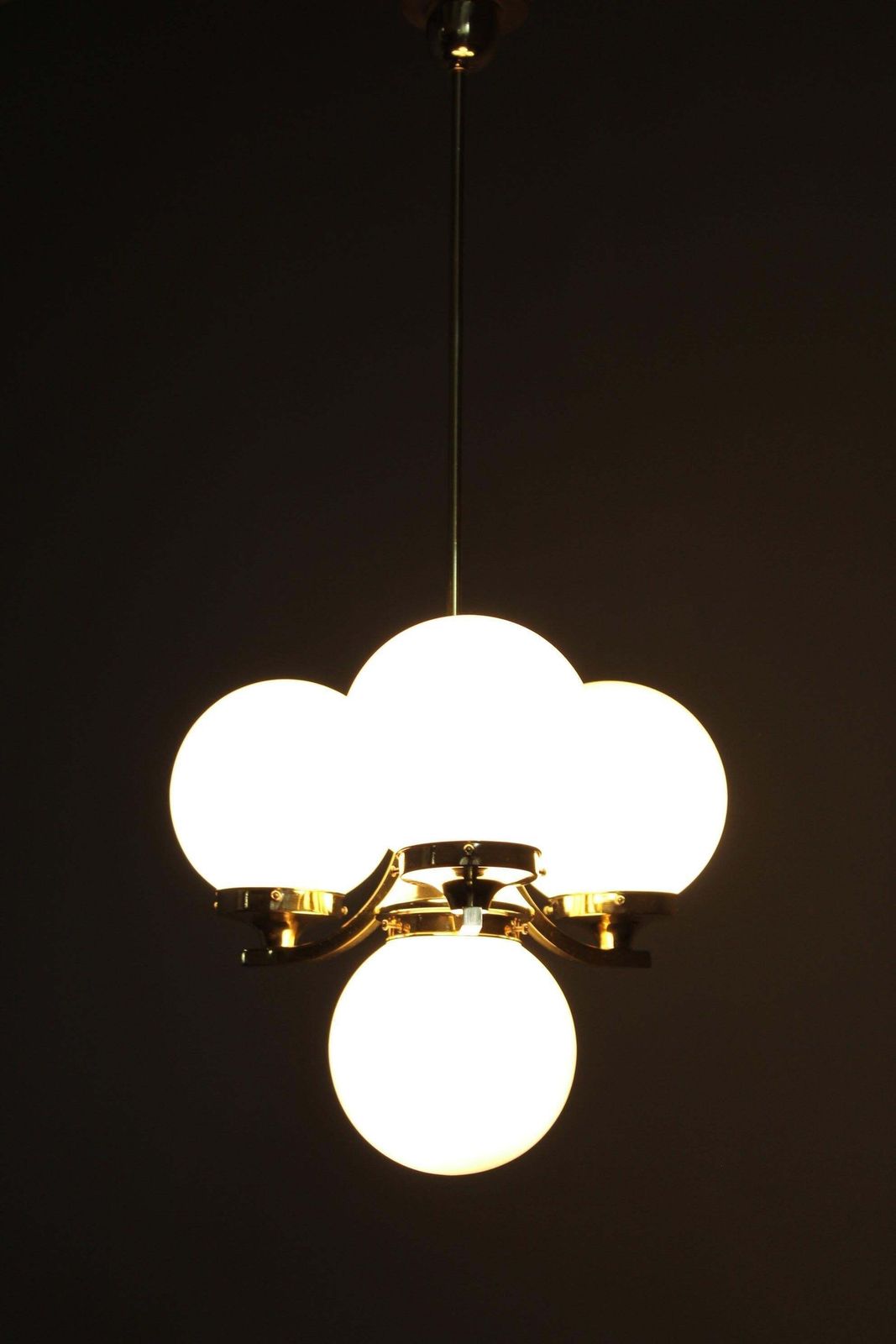 photo for sale Art Deco Brass Chandelier With Opaline Glass, Czechoslovakia, 1930s