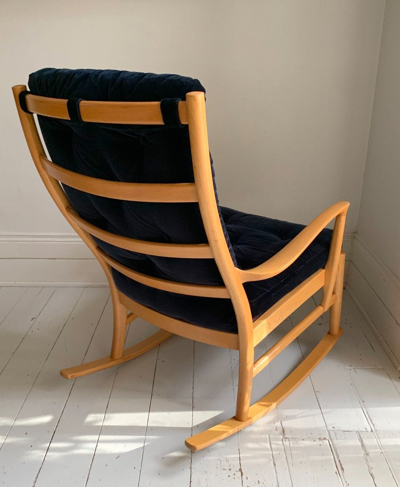 Mid Century Parker Knoll Florian Rocking Chair W/ Beech Frame, Midnight Blue Velvet Cushions photo for sale