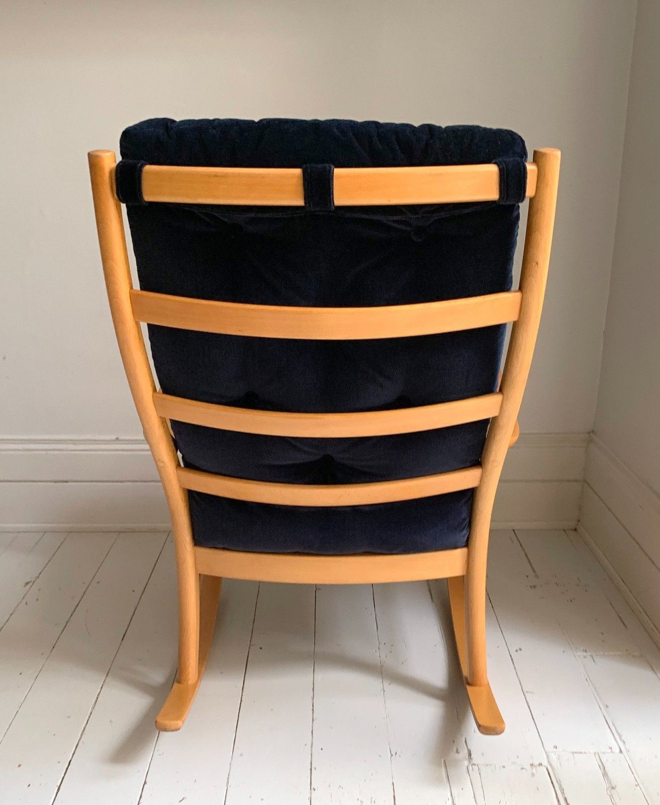 Mid Century Parker Knoll Florian Rocking Chair W/ Beech Frame, Midnight Blue Velvet Cushions photo Furniture