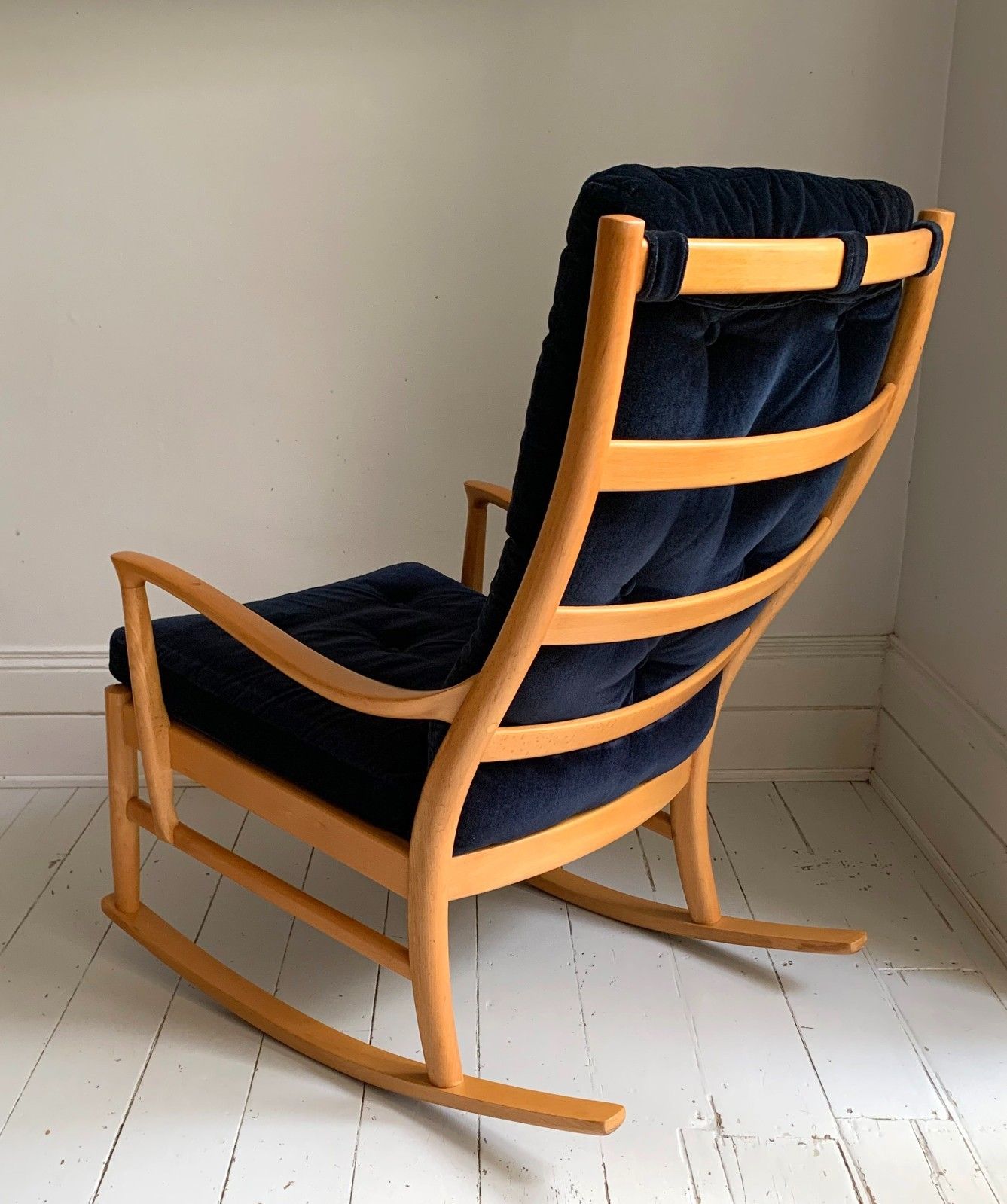 Mid Century Parker Knoll Florian Rocking Chair W/ Beech Frame, Midnight Blue Velvet Cushions photo 280.0