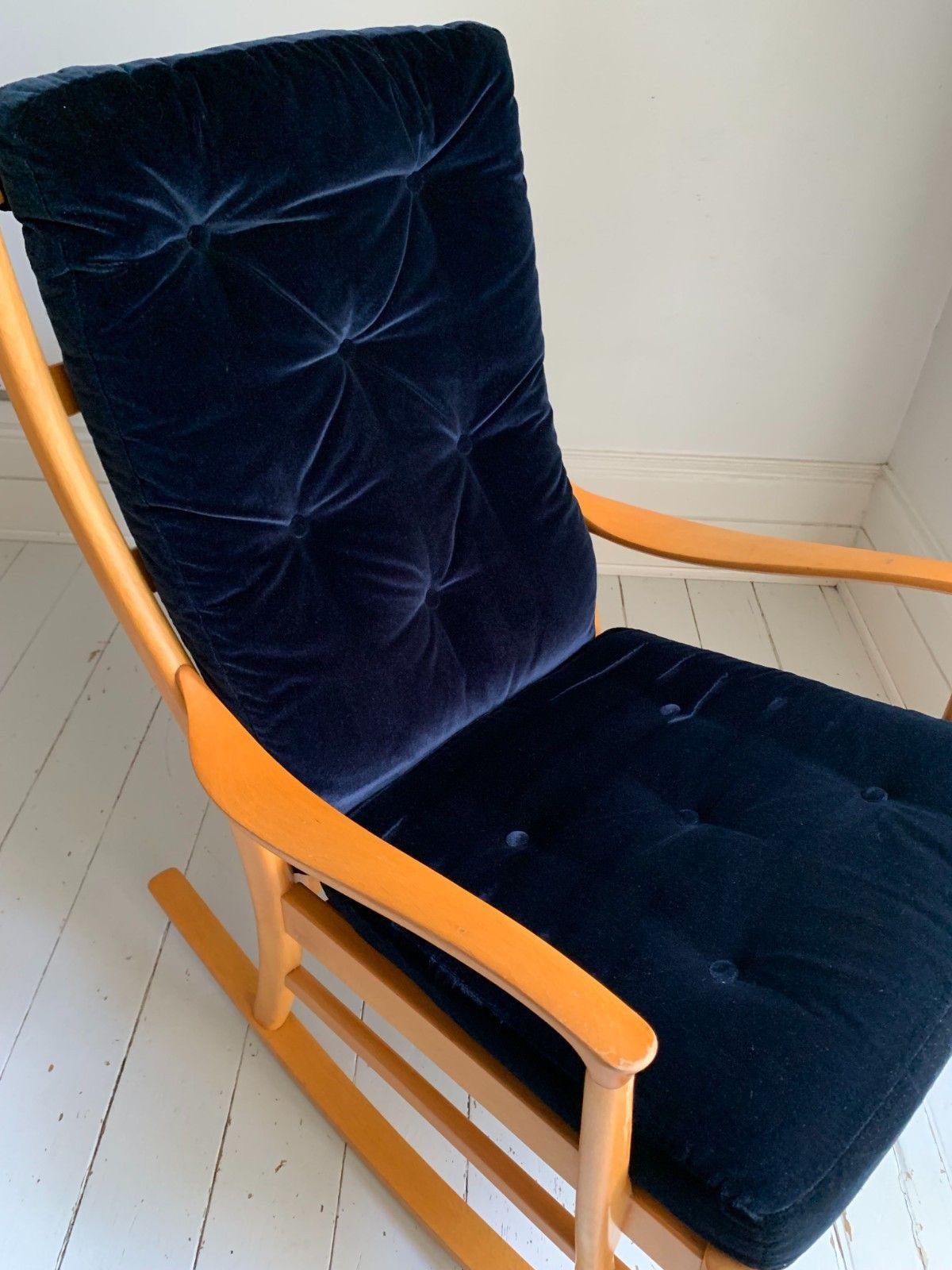 photo buy Mid Century Parker Knoll Florian Rocking Chair W/ Beech Frame, Midnight Blue Velvet Cushions