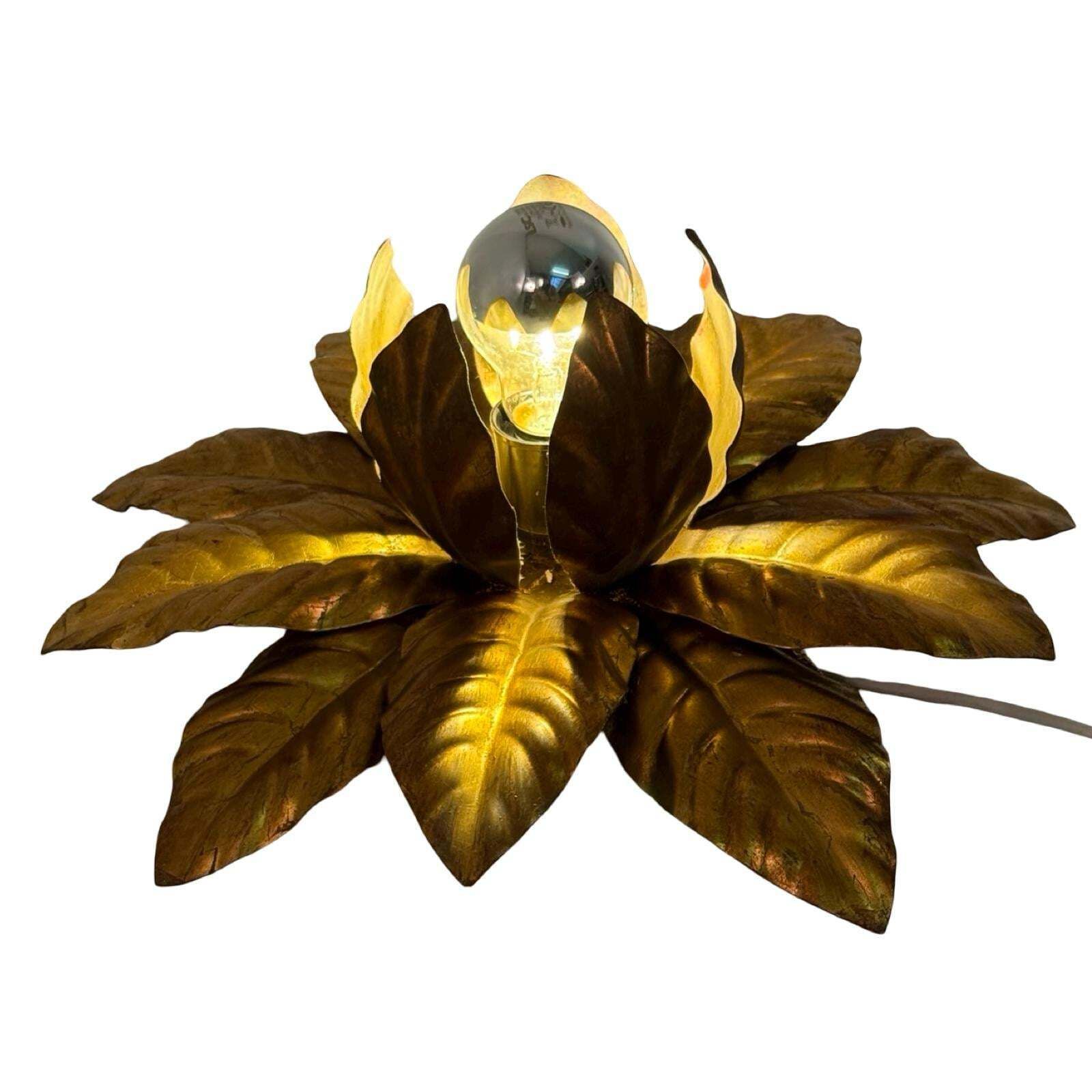 French Made   Sunburst   Hollywood Regency   Wall Or Ceiling Lamp With Golden Leaf Motif