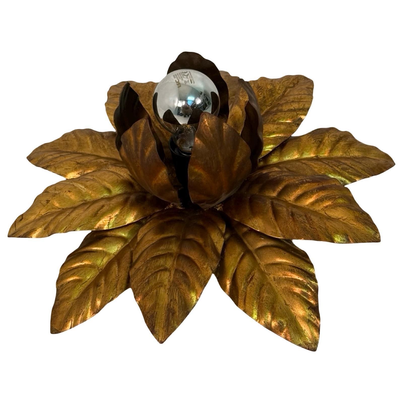 French Made   Sunburst   Hollywood Regency   Wall Or Ceiling Lamp With Golden Leaf Motif photo for sale