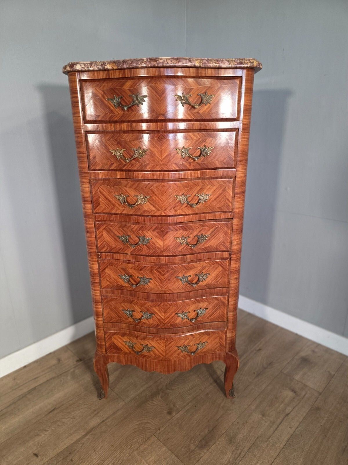 Antique French Inlaid Marble Top 7 Drawer Chest 1930s photo furniture
