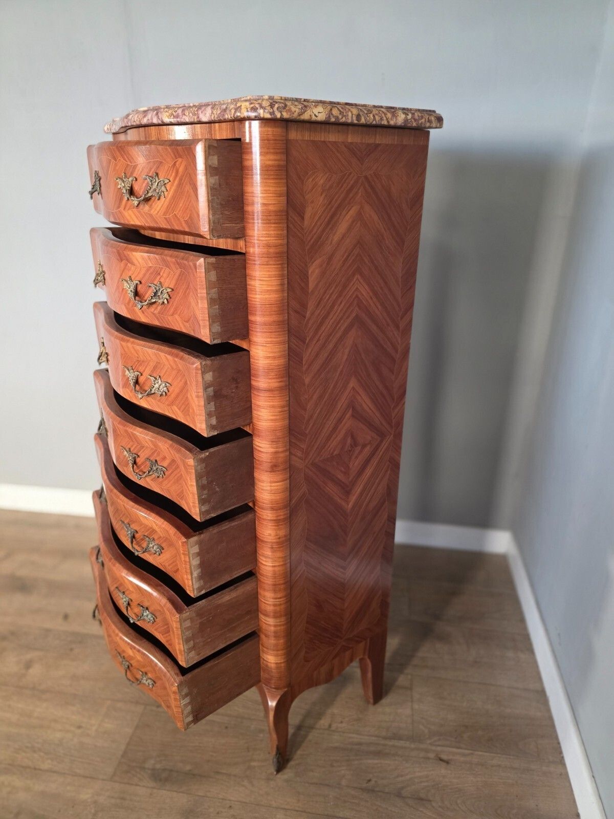 photo for sale Antique French Inlaid Marble Top 7 Drawer Chest 1930s