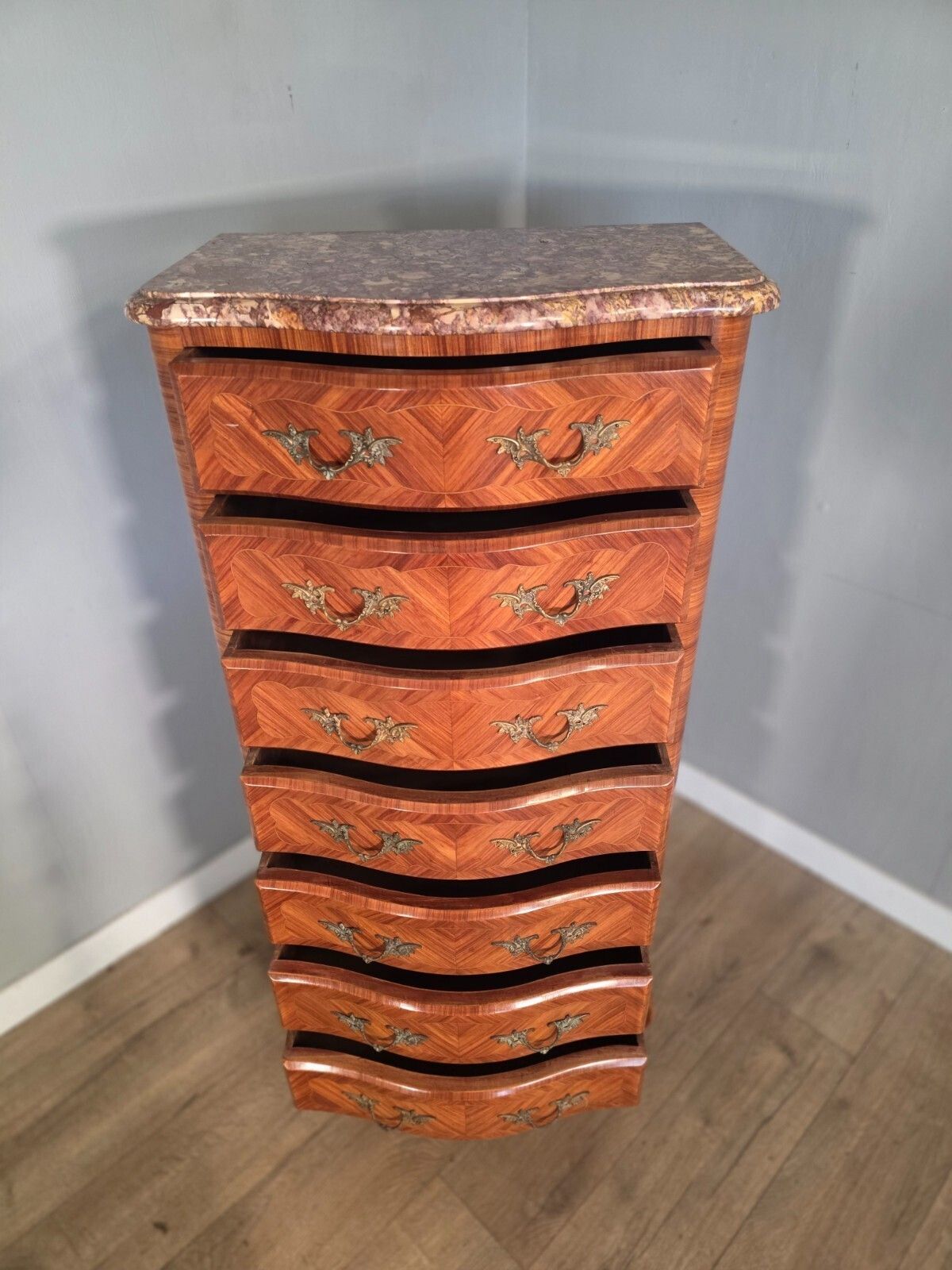 895.0 Antique French Inlaid Marble Top 7 Drawer Chest 1930s photo