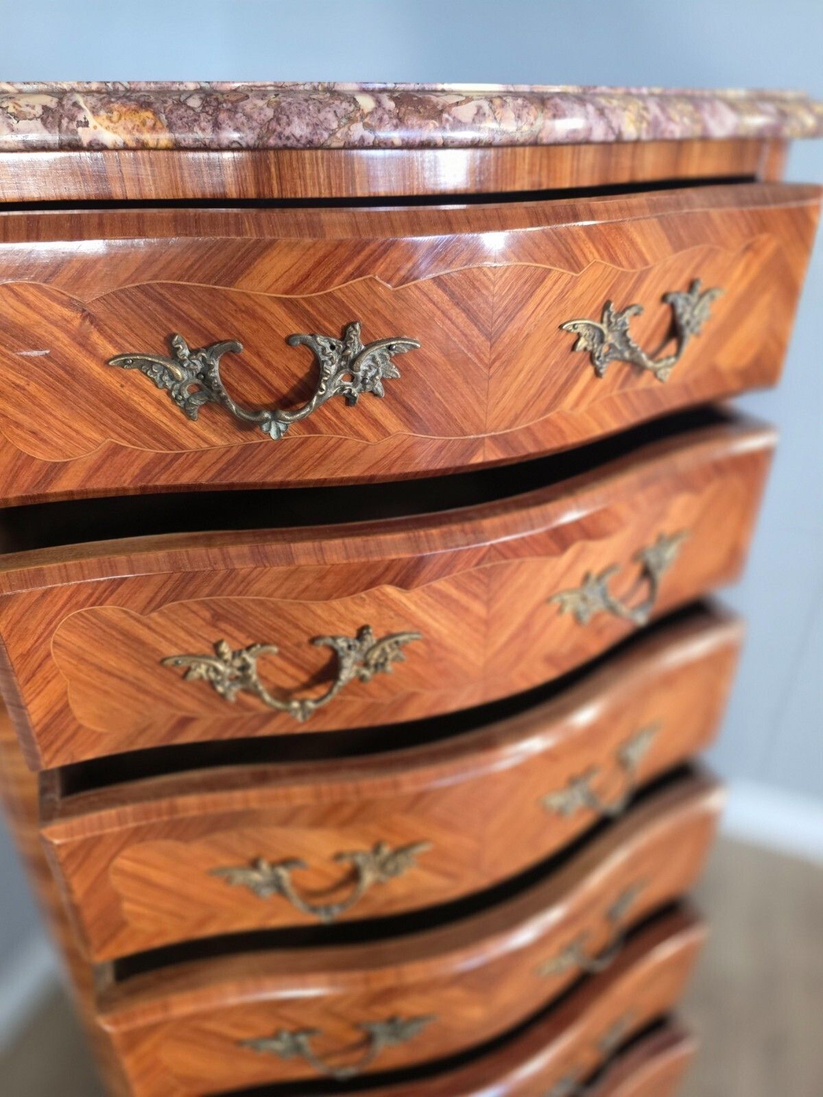 photo vinterior Antique French Inlaid Marble Top 7 Drawer Chest 1930s