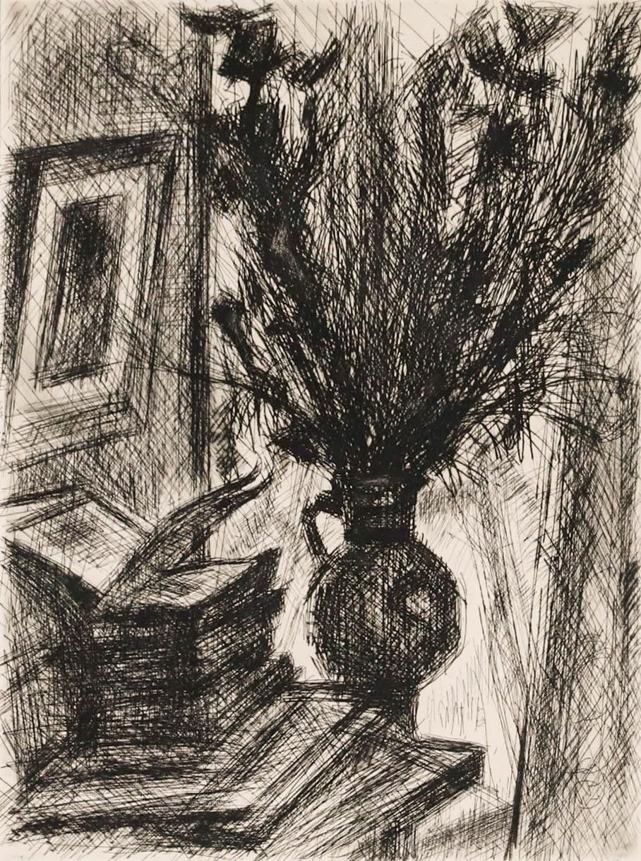 Simon Goldberg (1913 1985) Framed 20th Century Etching, Bouquet And Books photo furniture