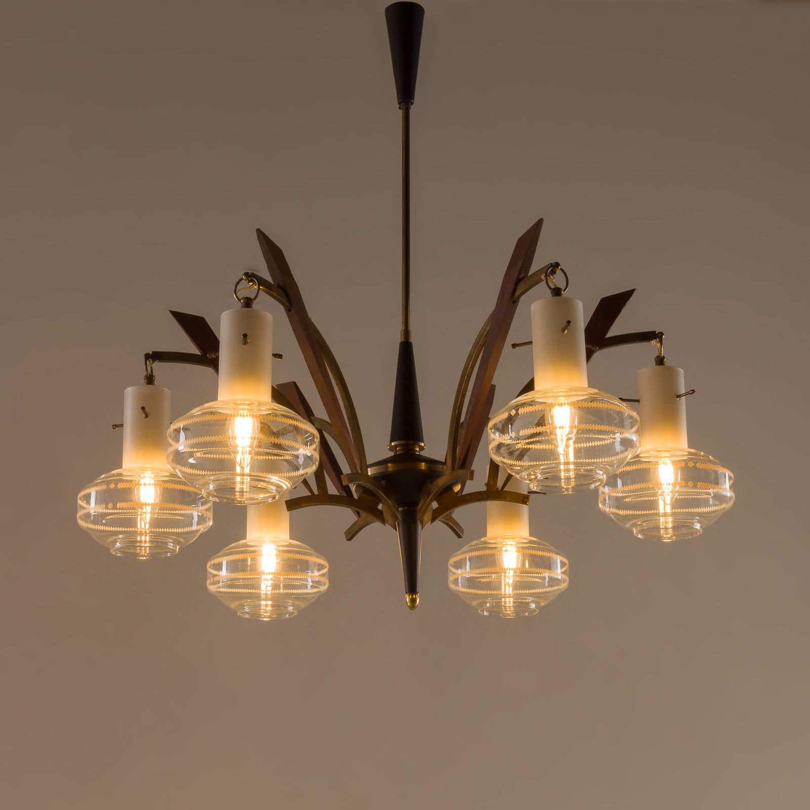 Itailan Mid Century Murano Glass And Teak Chandelier Attr. To Stilnovo, 1960s