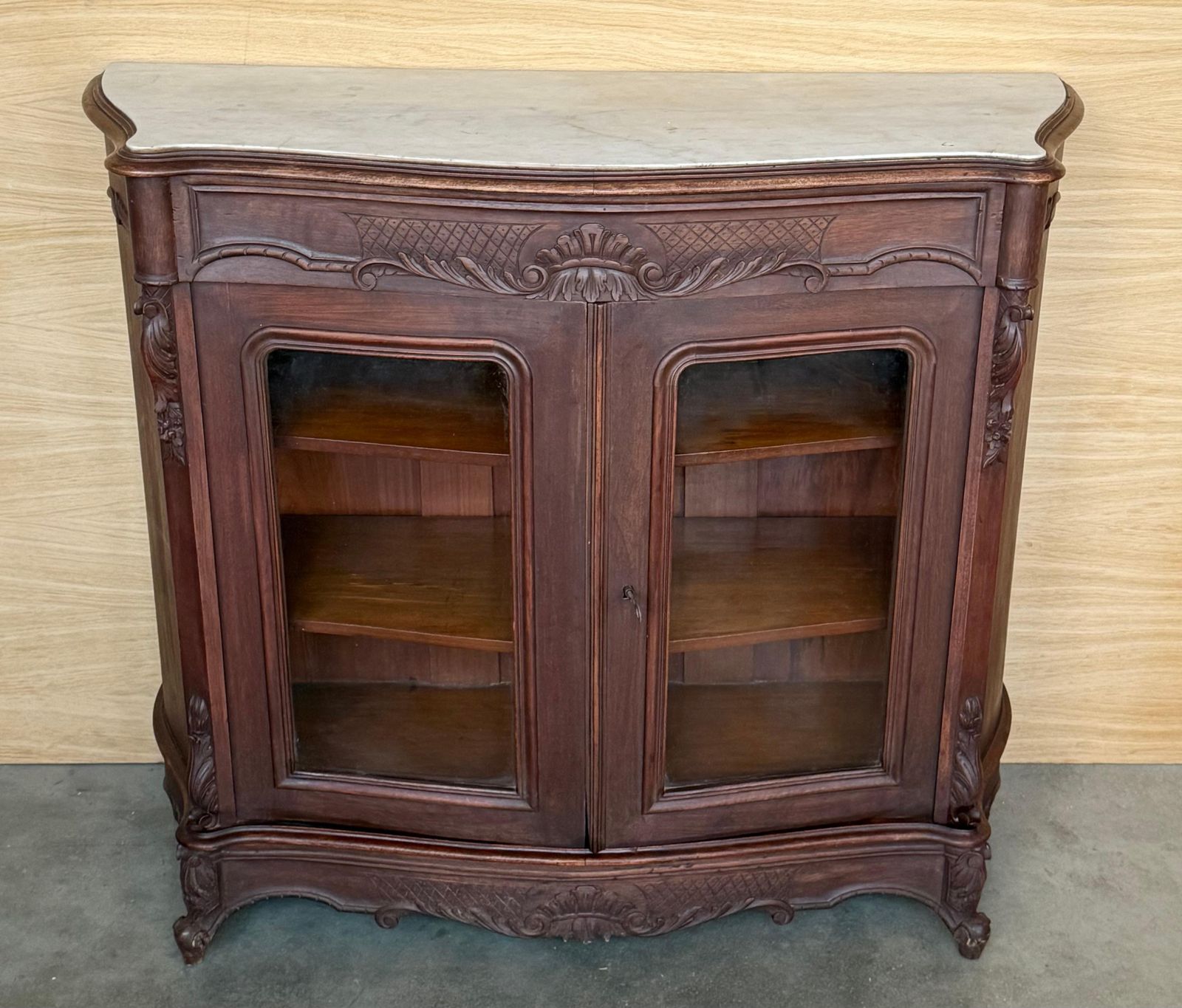 Louis XV Style Cherrywood 2 Glass Doors Drawer And Marble Top, Late 19th Century photo Furniture