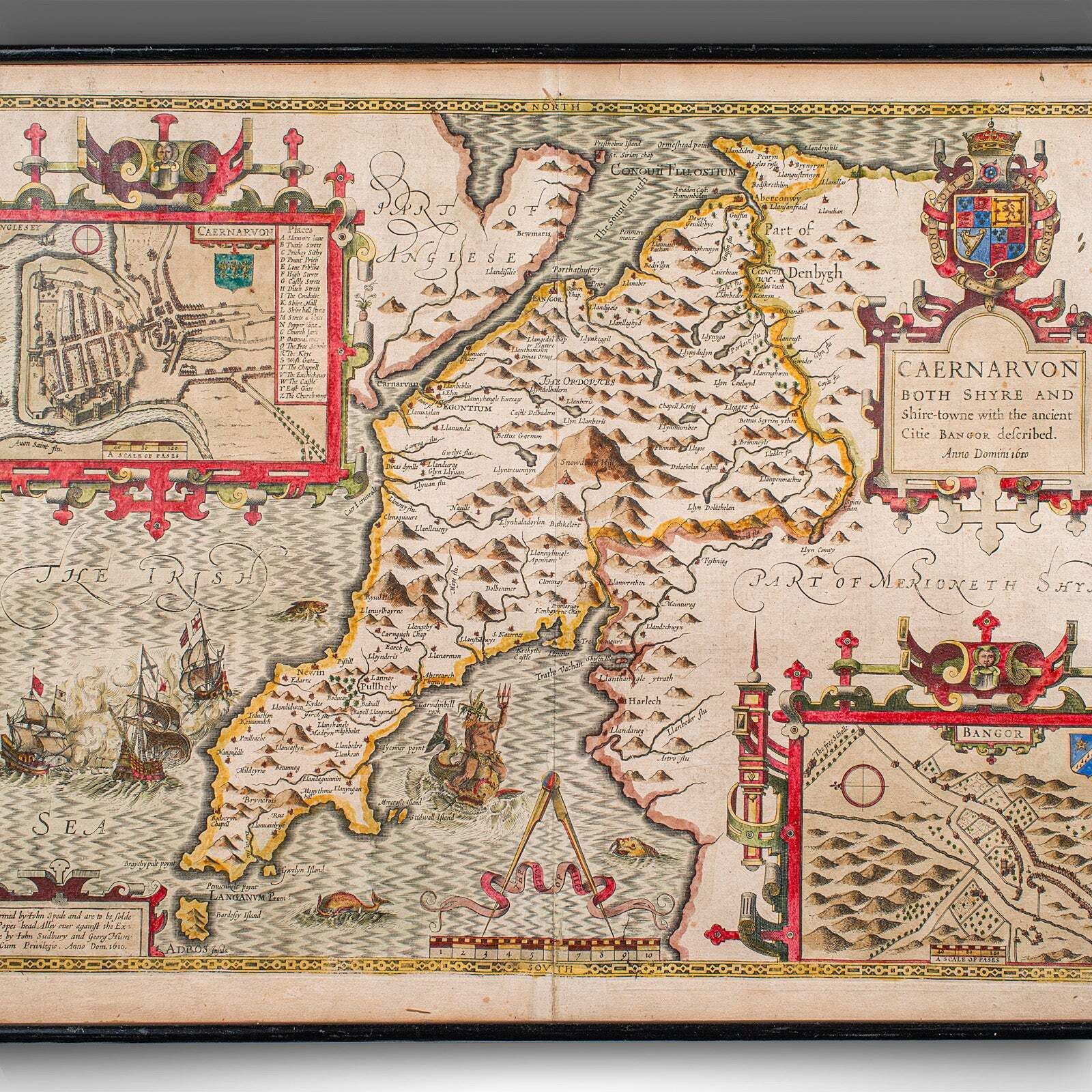 Antique Caernarvon Map, Framed Cartography, Welsh County, John Speed, Circa 1610 photo Art