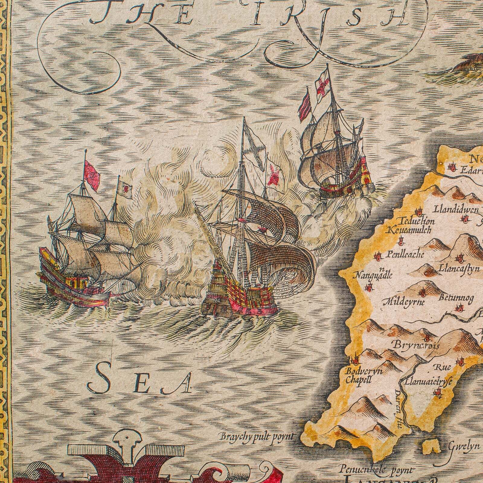 Antique Caernarvon Map, Framed Cartography, Welsh County, John Speed, Circa 1610 photo vintage