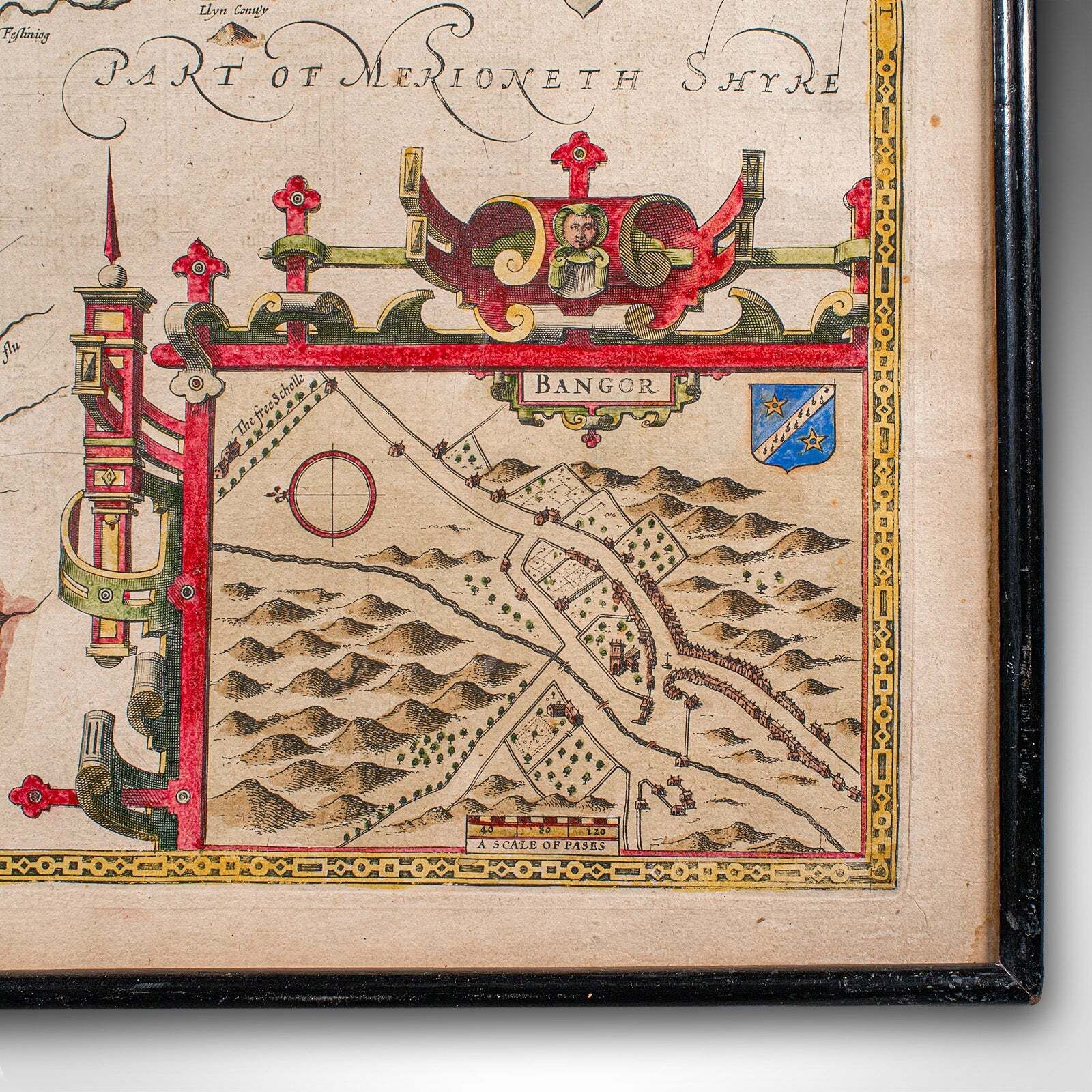 Art Antique Caernarvon Map, Framed Cartography, Welsh County, John Speed, Circa 1610 photo