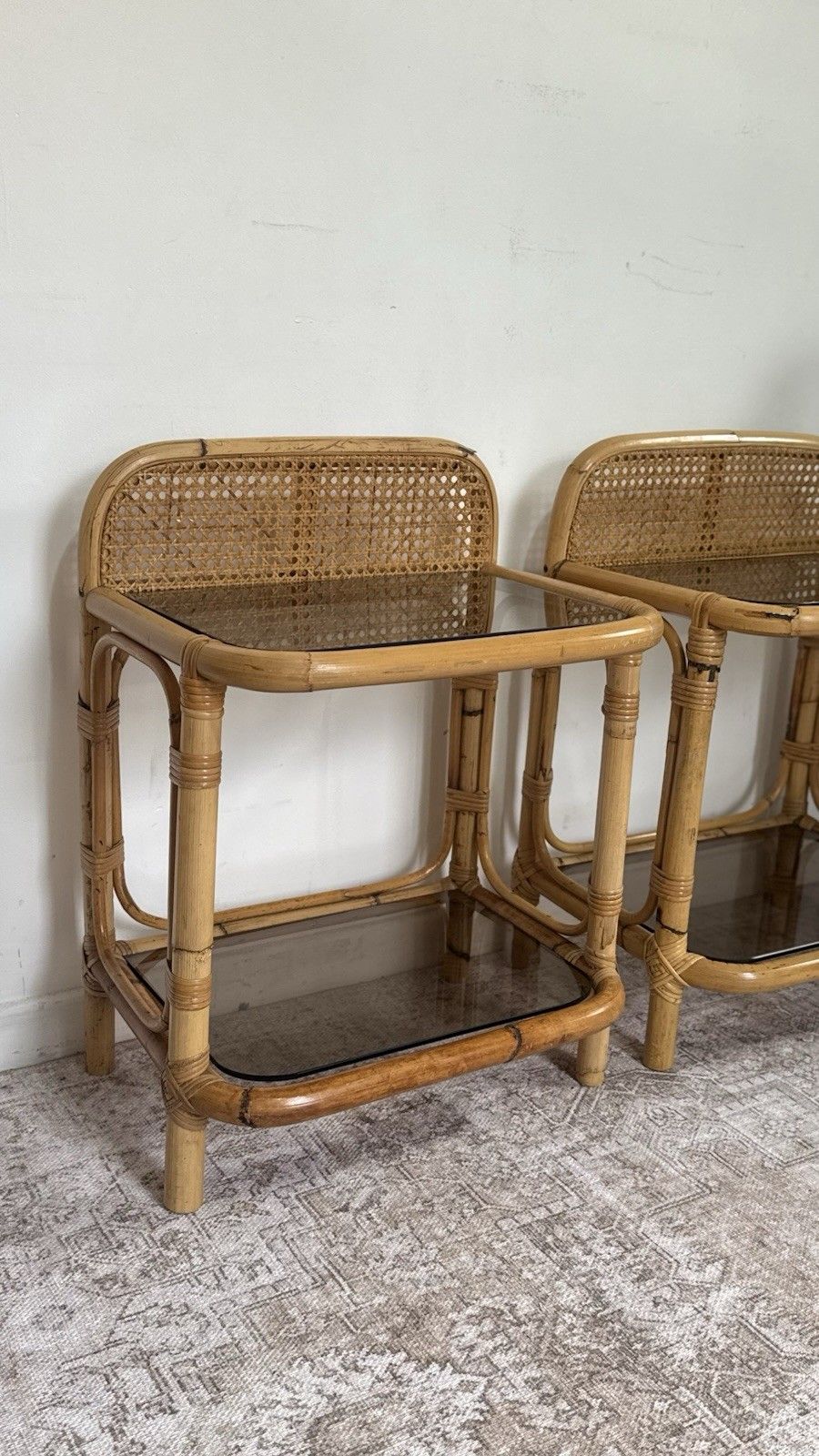 photo for sale Mid Century Retro Vintage Bedside Tables Bamboo Glass Scandi Boho