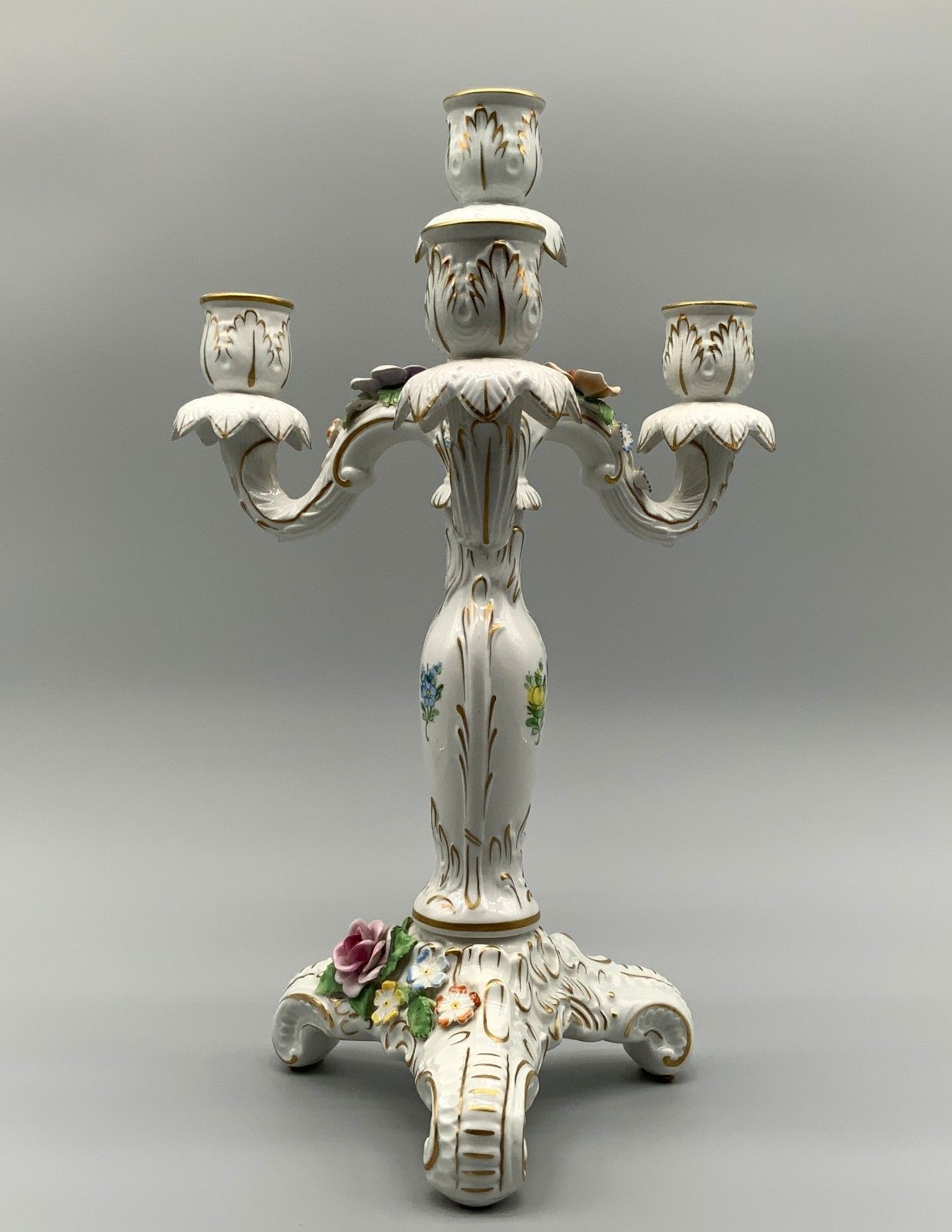 Pair Beautiful Rococo Style Floral Porcelain 4 Branch Candelabra Candlesticks photo for sale