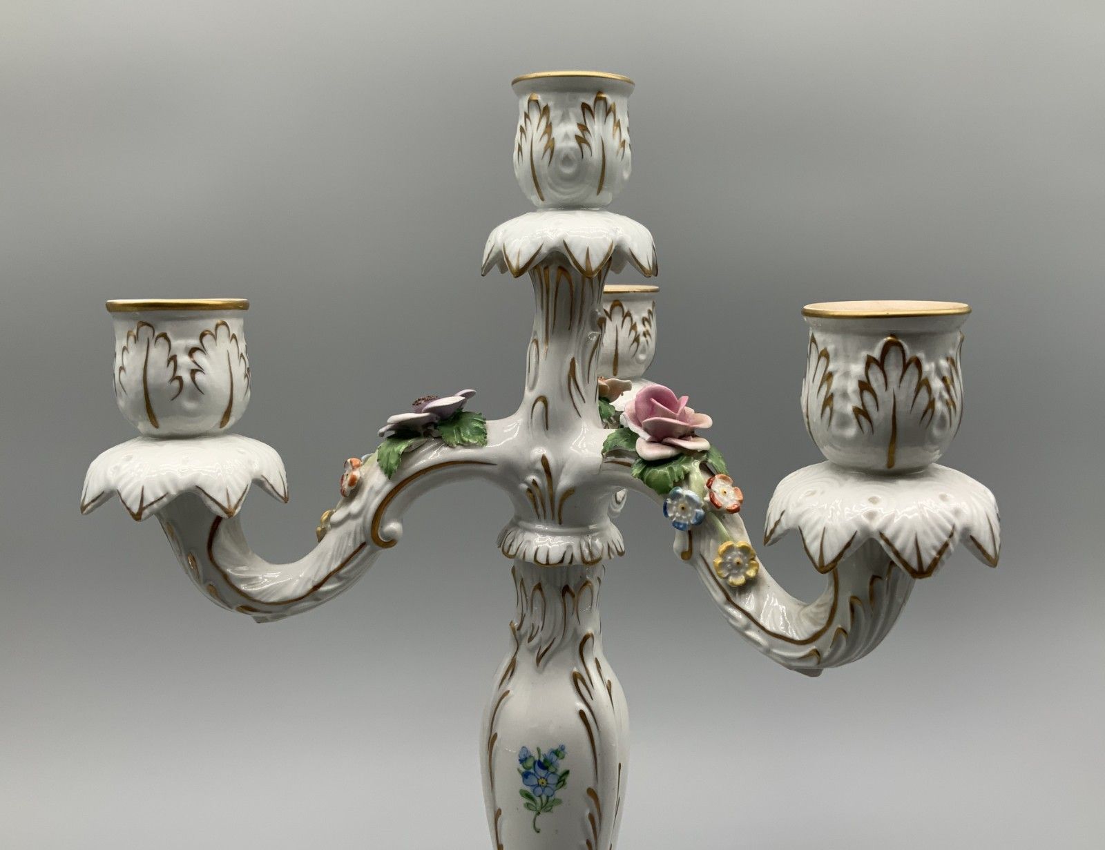 Pair Beautiful Rococo Style Floral Porcelain 4 Branch Candelabra Candlesticks photo 290.0