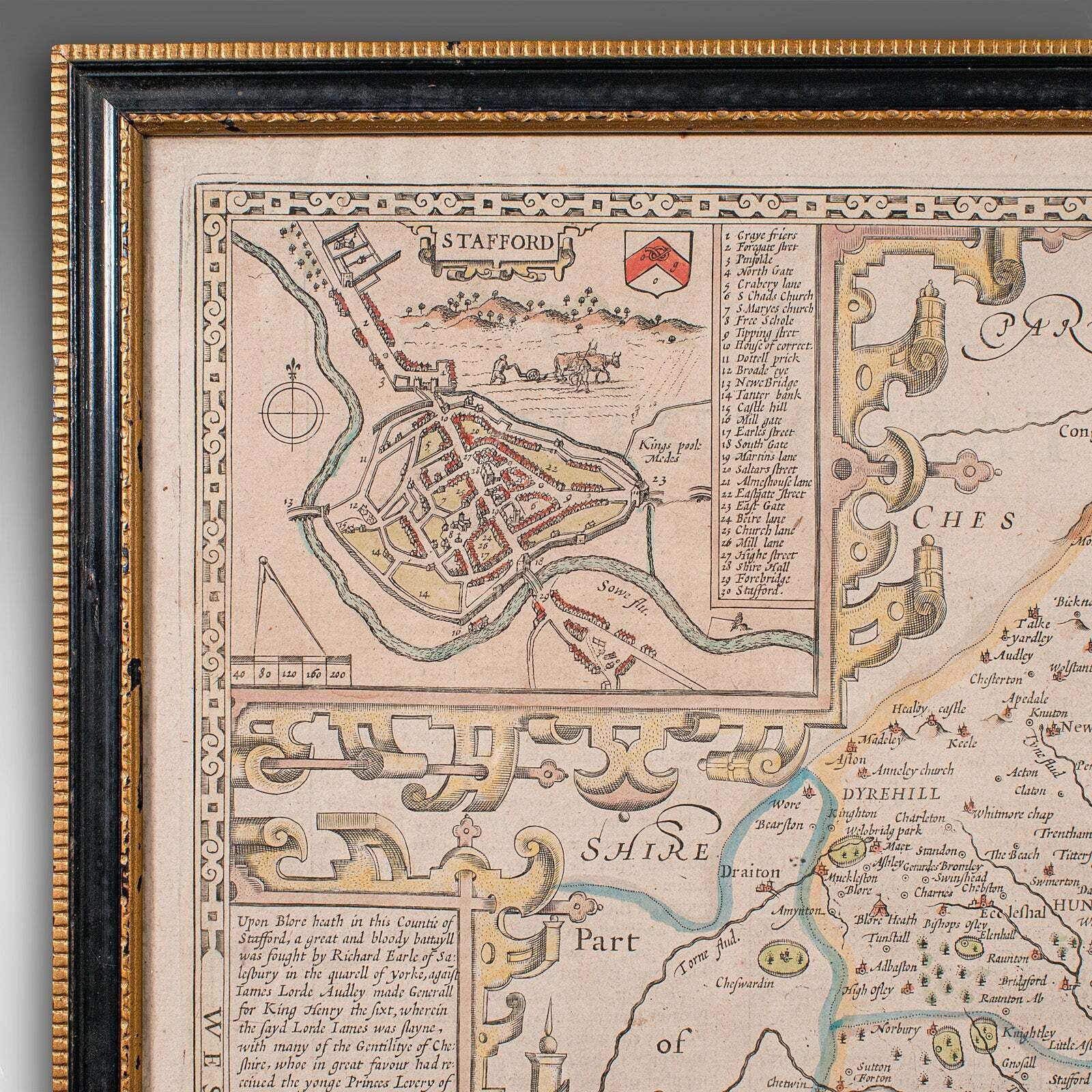 Antique Stafford County Map, English, Atlas Engraving, 17th Century, Cartography photo vinterior