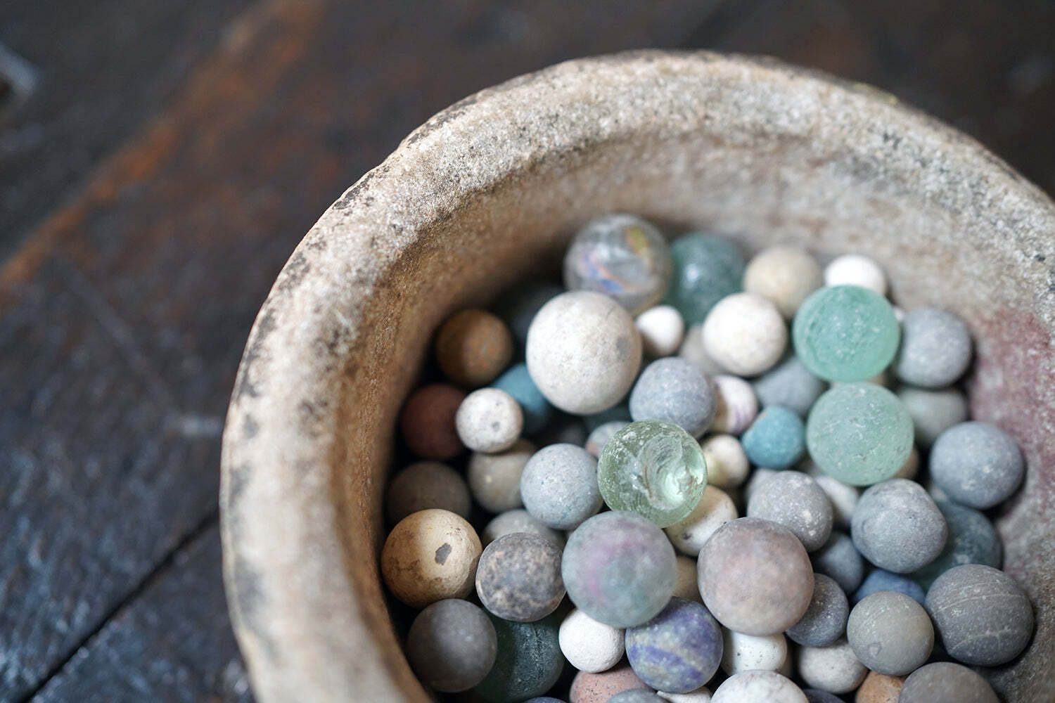 A Late 19thc Indian Marble Bowl Containing A Collection Of Clay & Glass Marbles photo Home Decor
