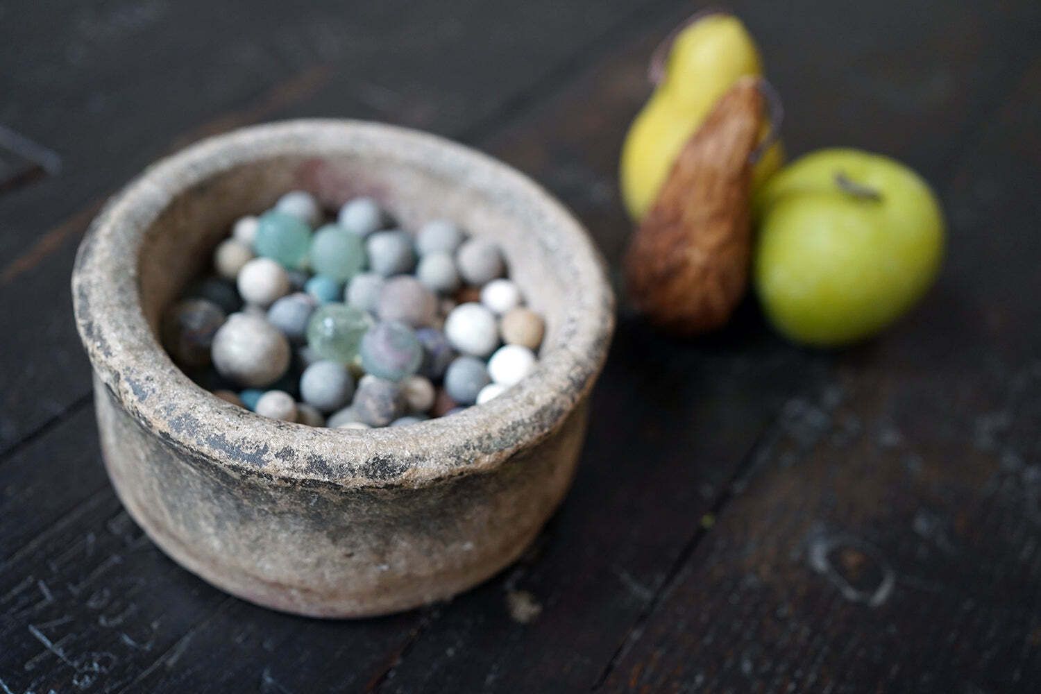 A Late 19thc Indian Marble Bowl Containing A Collection Of Clay & Glass Marbles photo buy