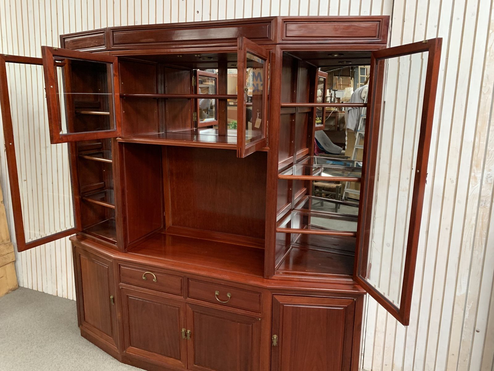 photo buy Large Oriental Hardwood Display Cabinet With Glass Doors And Shelves On The Top