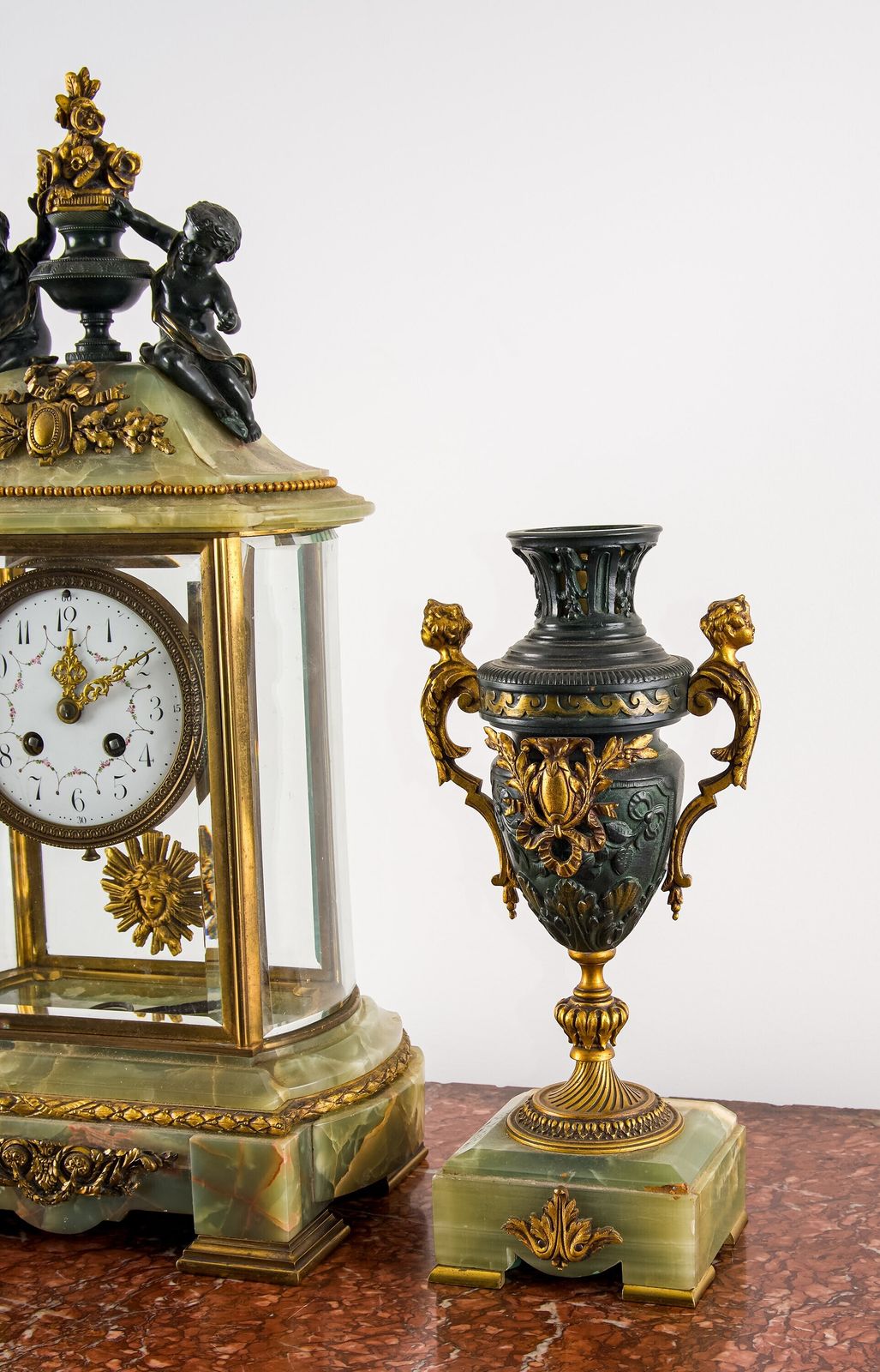 French Onyx & Gilt Bronze Three Piece Mantel Clock Garniture, C.1900 photo furniture