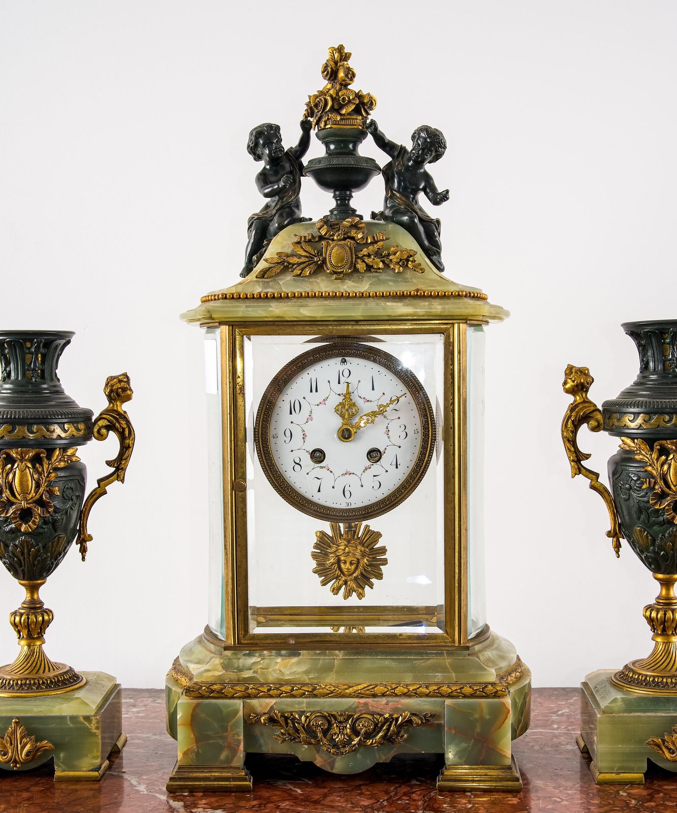 French Onyx & Gilt Bronze Three Piece Mantel Clock Garniture, C.1900 photo 1650.0
