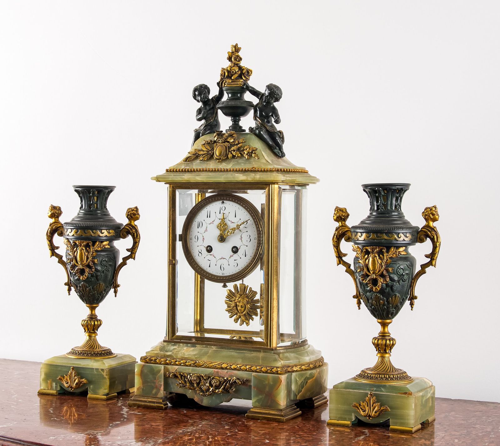 French Onyx & Gilt Bronze Three Piece Mantel Clock Garniture, C.1900 photo vinterior