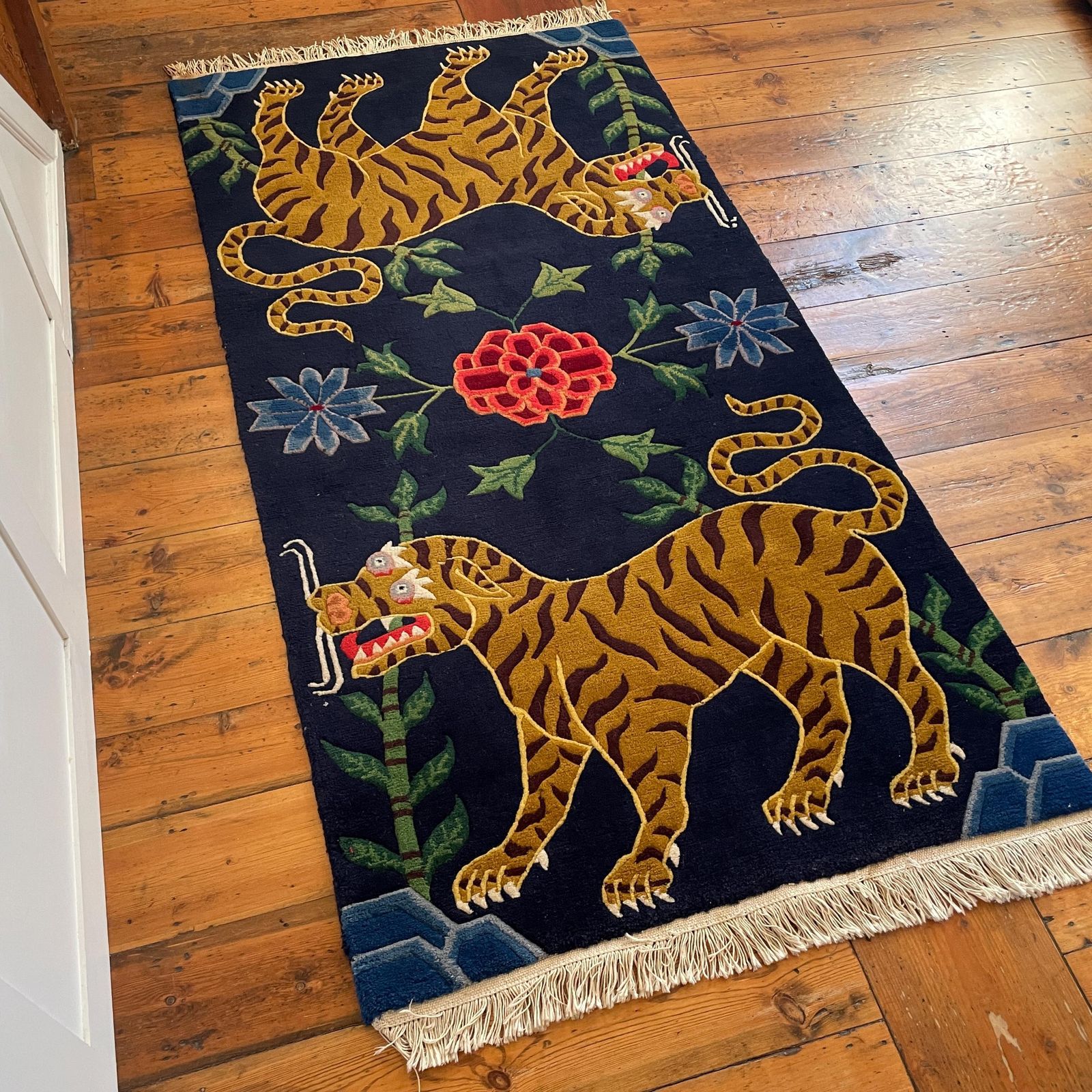 Handmade Wool Tibetan Tiger Woven Rug Rectangle Wool Vintage 195x93cm Colourful Blue Antique Hand Knotted Carpet Pattern Maximalist Nepal