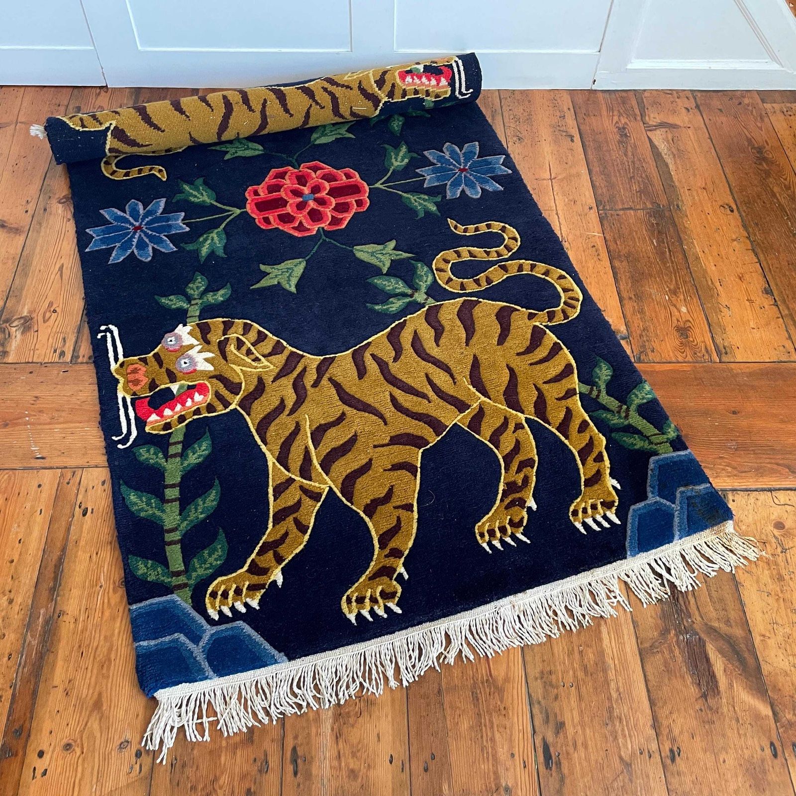 Handmade Wool Tibetan Tiger Woven Rug Rectangle Wool Vintage 195x93cm Colourful Blue Antique Hand Knotted Carpet Pattern Maximalist Nepal photo for sale