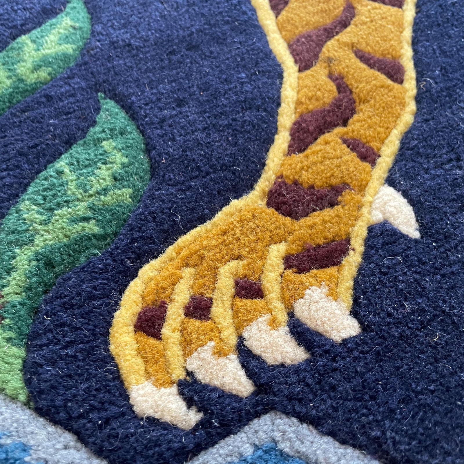 Handmade Wool Tibetan Tiger Woven Rug Rectangle Wool Vintage 195x93cm Colourful Blue Antique Hand Knotted Carpet Pattern Maximalist Nepal photo Textiles