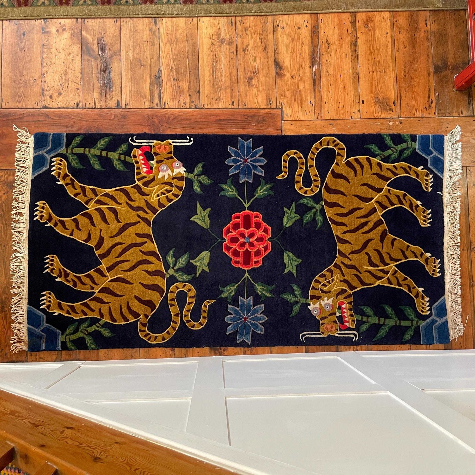 Handmade Wool Tibetan Tiger Woven Rug Rectangle Wool Vintage 195x93cm Colourful Blue Antique Hand Knotted Carpet Pattern Maximalist Nepal photo buy