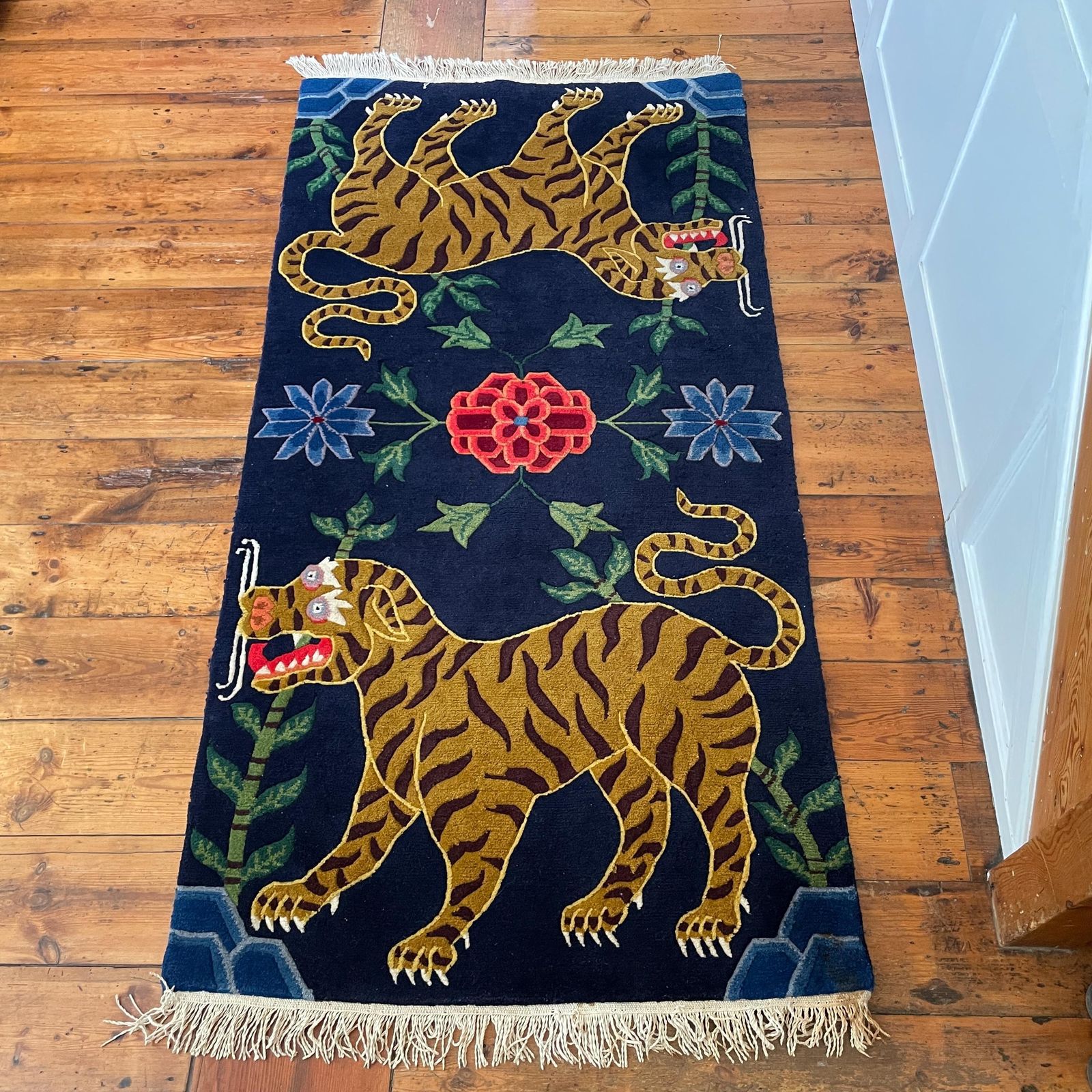 Handmade Wool Tibetan Tiger Woven Rug Rectangle Wool Vintage 195x93cm Colourful Blue Antique Hand Knotted Carpet Pattern Maximalist Nepal photo vintage