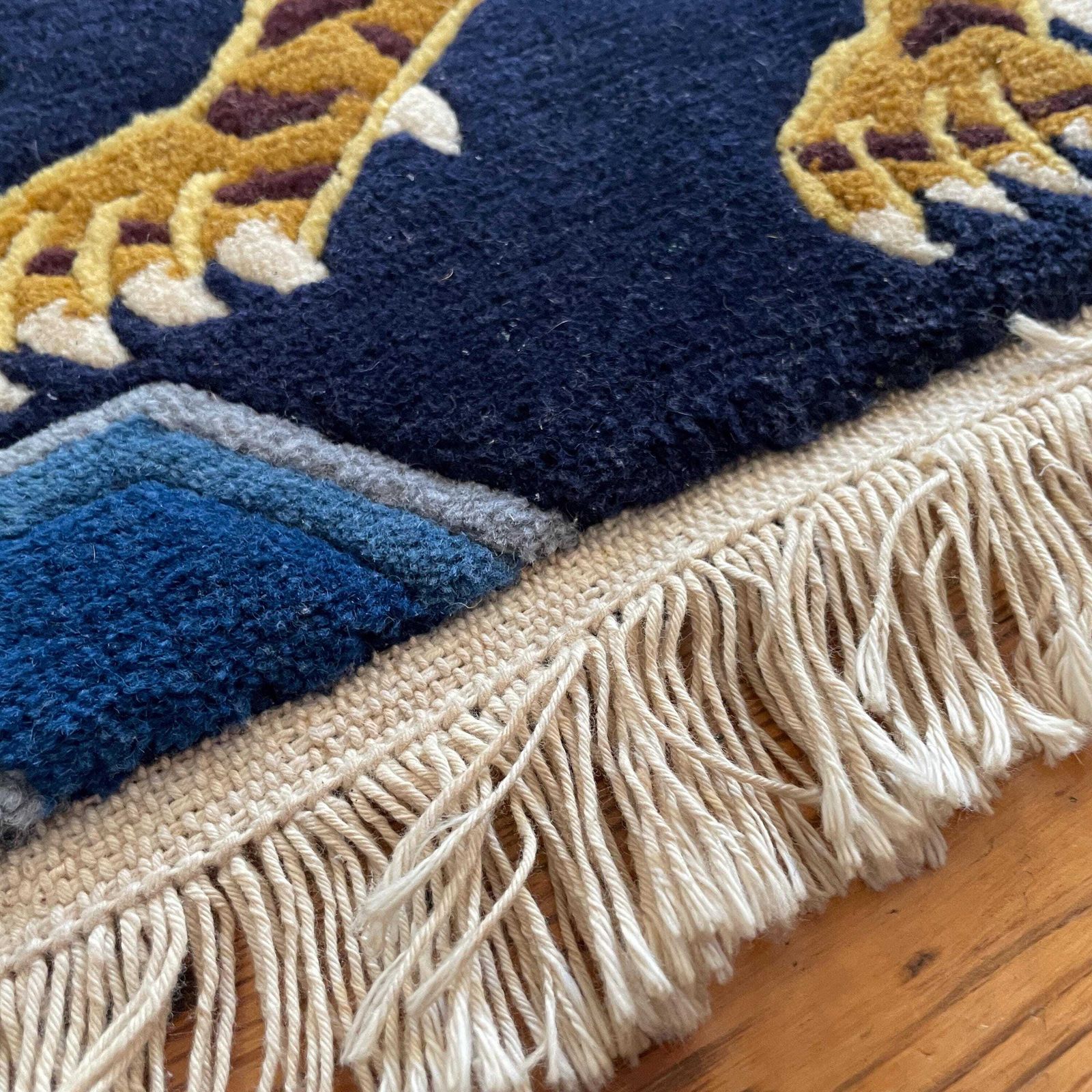 Textiles Handmade Wool Tibetan Tiger Woven Rug Rectangle Wool Vintage 195x93cm Colourful Blue Antique Hand Knotted Carpet Pattern Maximalist Nepal photo