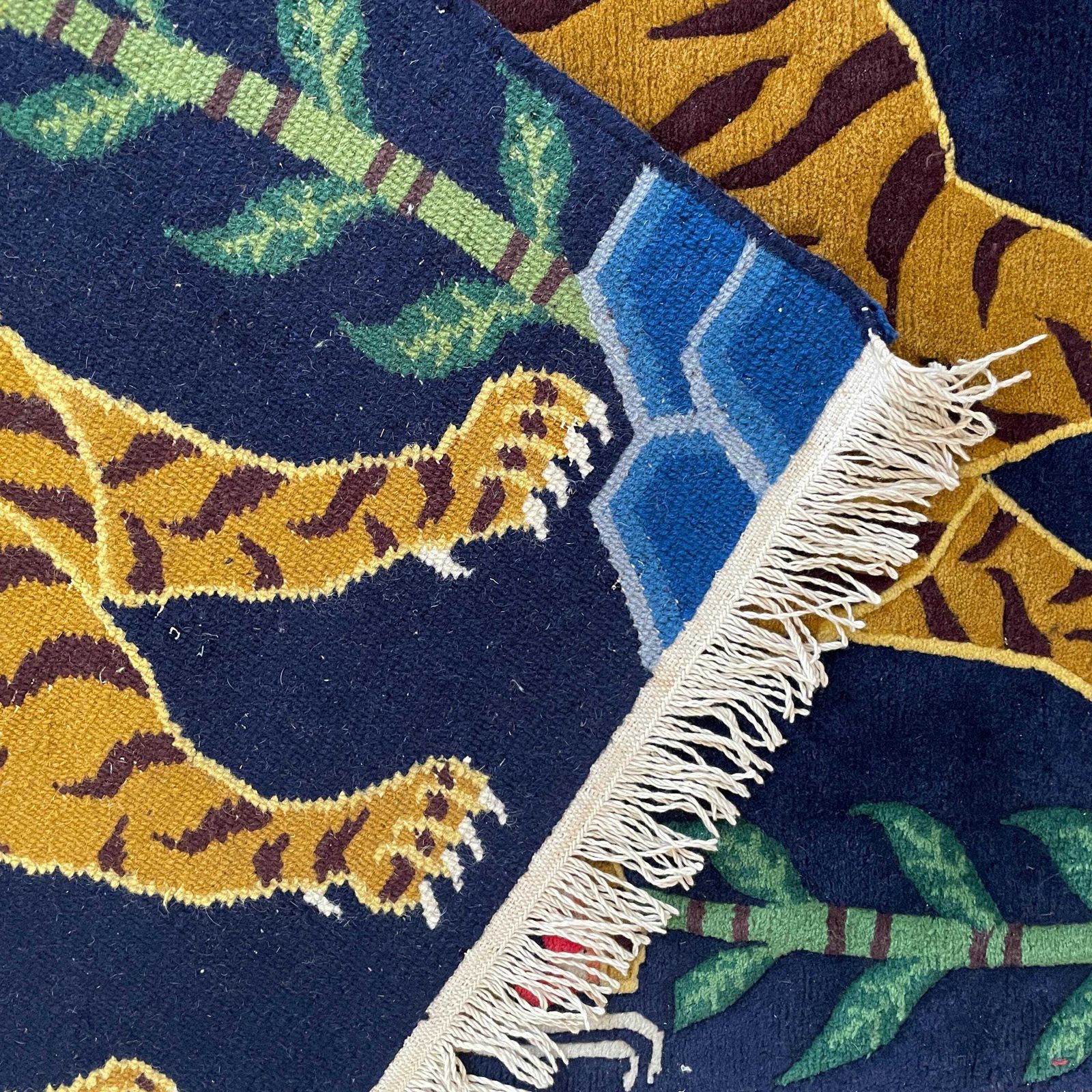 photo buy Handmade Wool Tibetan Tiger Woven Rug Rectangle Wool Vintage 195x93cm Colourful Blue Antique Hand Knotted Carpet Pattern Maximalist Nepal