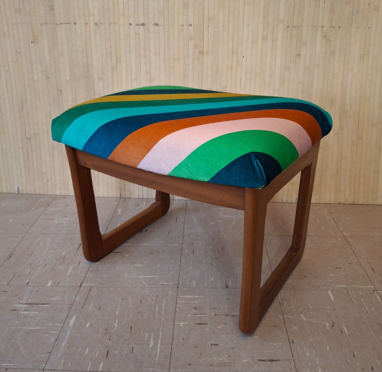 Fab Vintage Retro Mcm Upholstered Multi Stripe Velvet Teak Dressing Table Stool