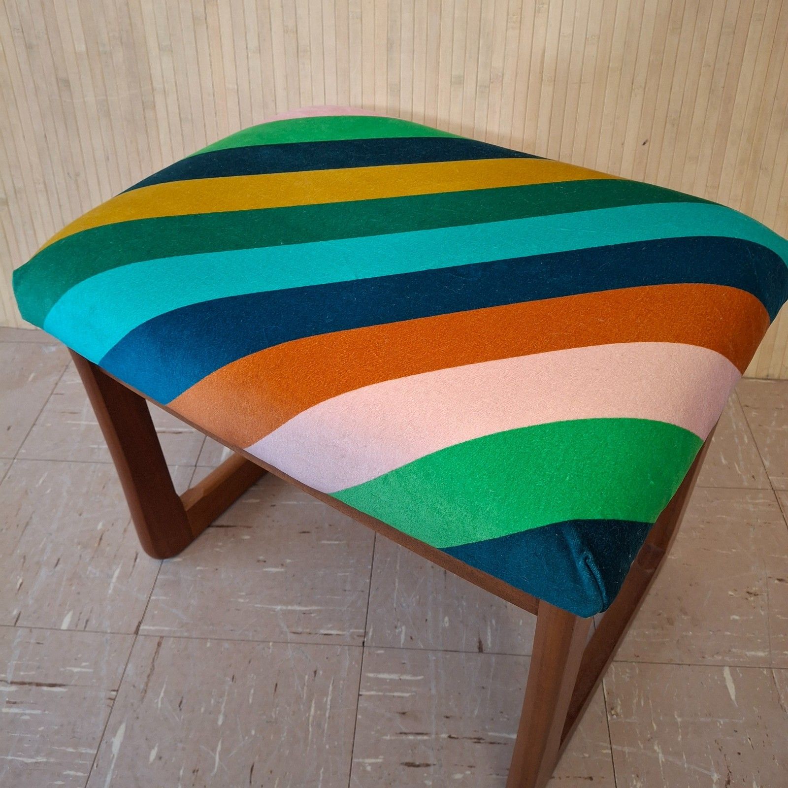 Fab Vintage Retro Mcm Upholstered Multi Stripe Velvet Teak Dressing Table Stool photo Furniture