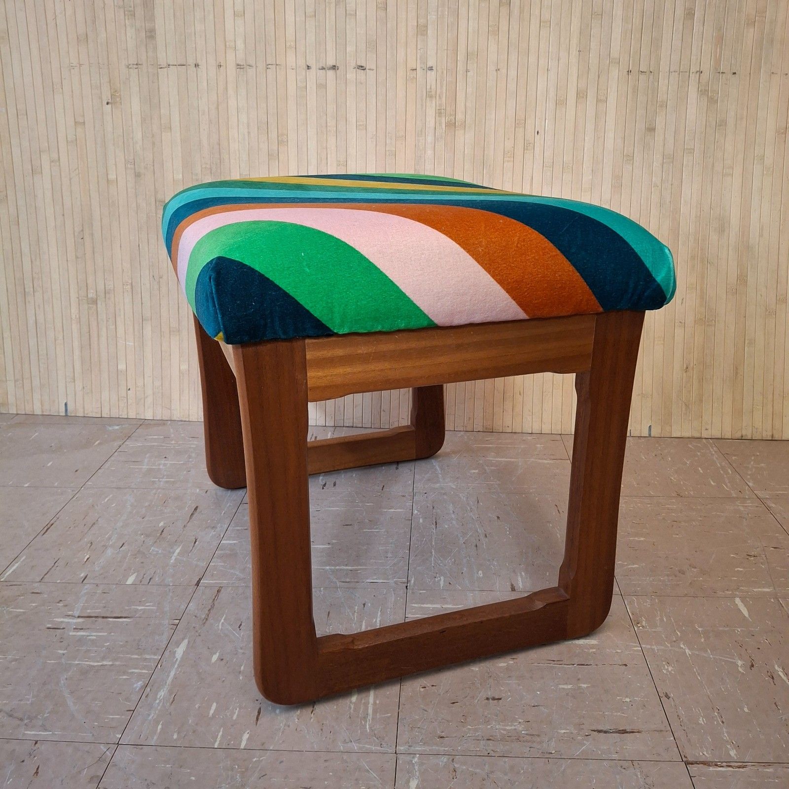 Fab Vintage Retro Mcm Upholstered Multi Stripe Velvet Teak Dressing Table Stool photo vinterior