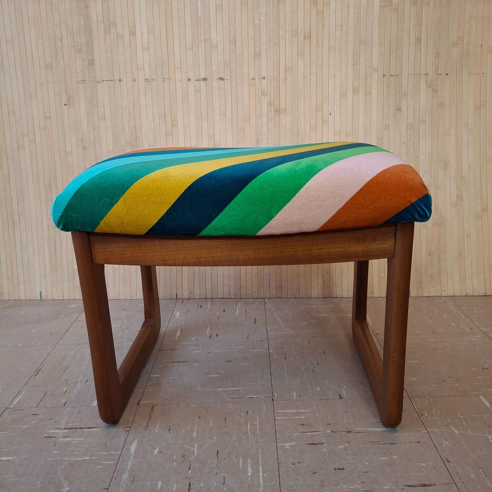 photo for sale Fab Vintage Retro Mcm Upholstered Multi Stripe Velvet Teak Dressing Table Stool