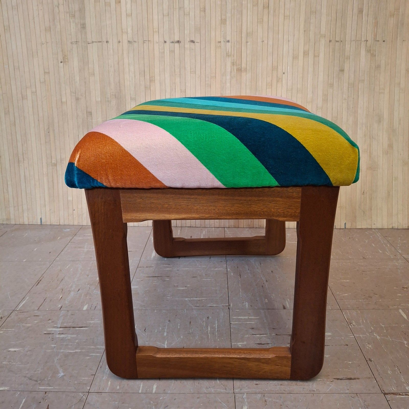 190.0 Fab Vintage Retro Mcm Upholstered Multi Stripe Velvet Teak Dressing Table Stool photo