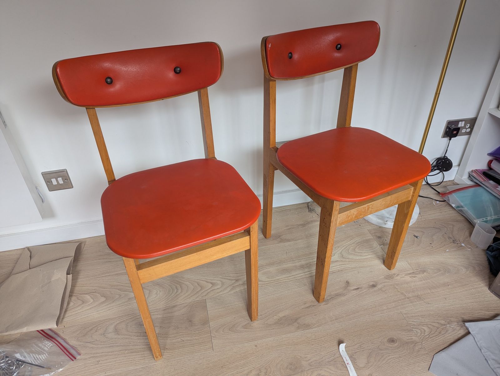 Mid Century Pair Of Dining Chairs   Red Orange