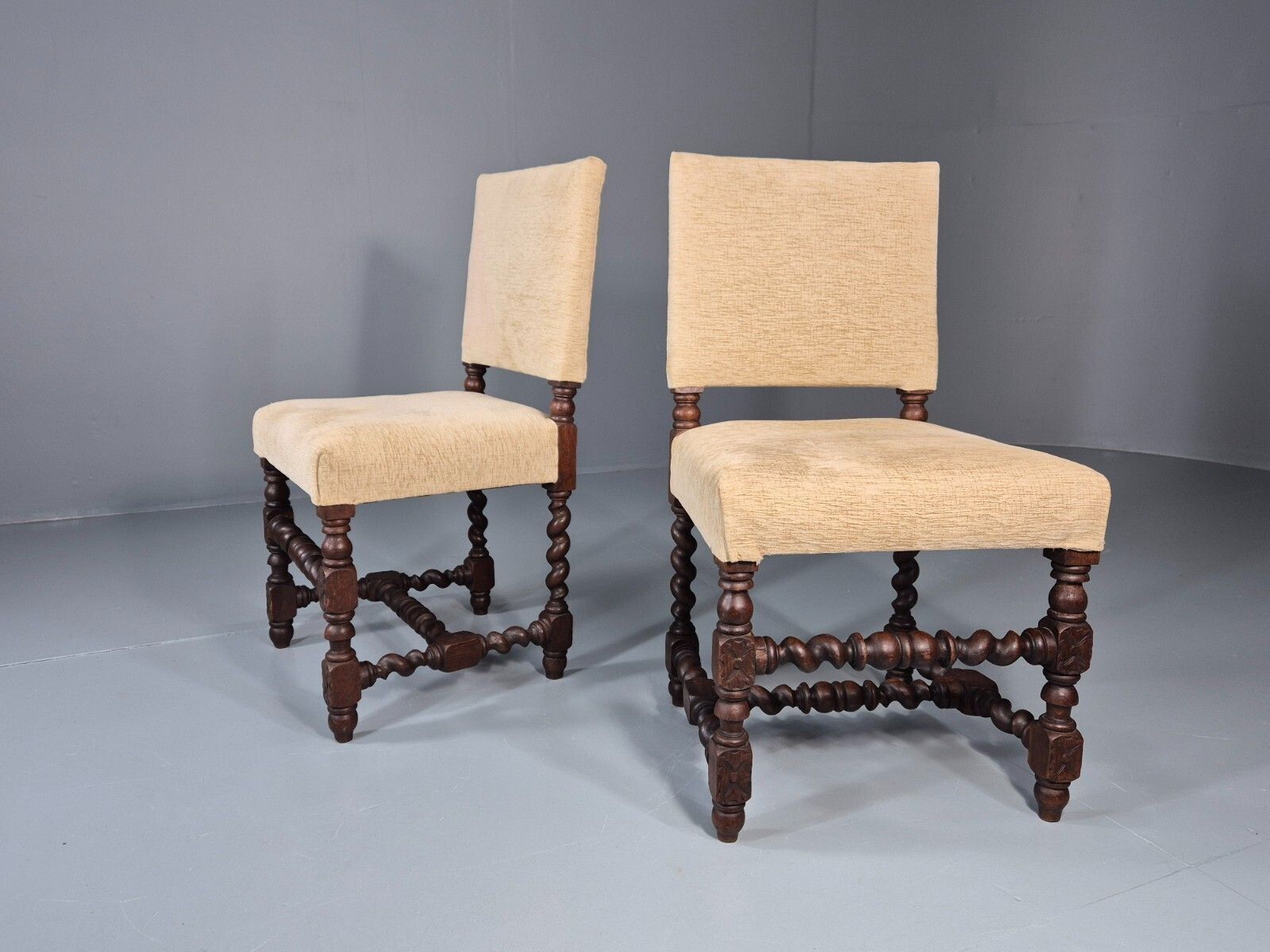 2 Baroque Dining Chairs In Oak Barley Twist H Stretchers Antique Eb11425 Vdin photo furniture