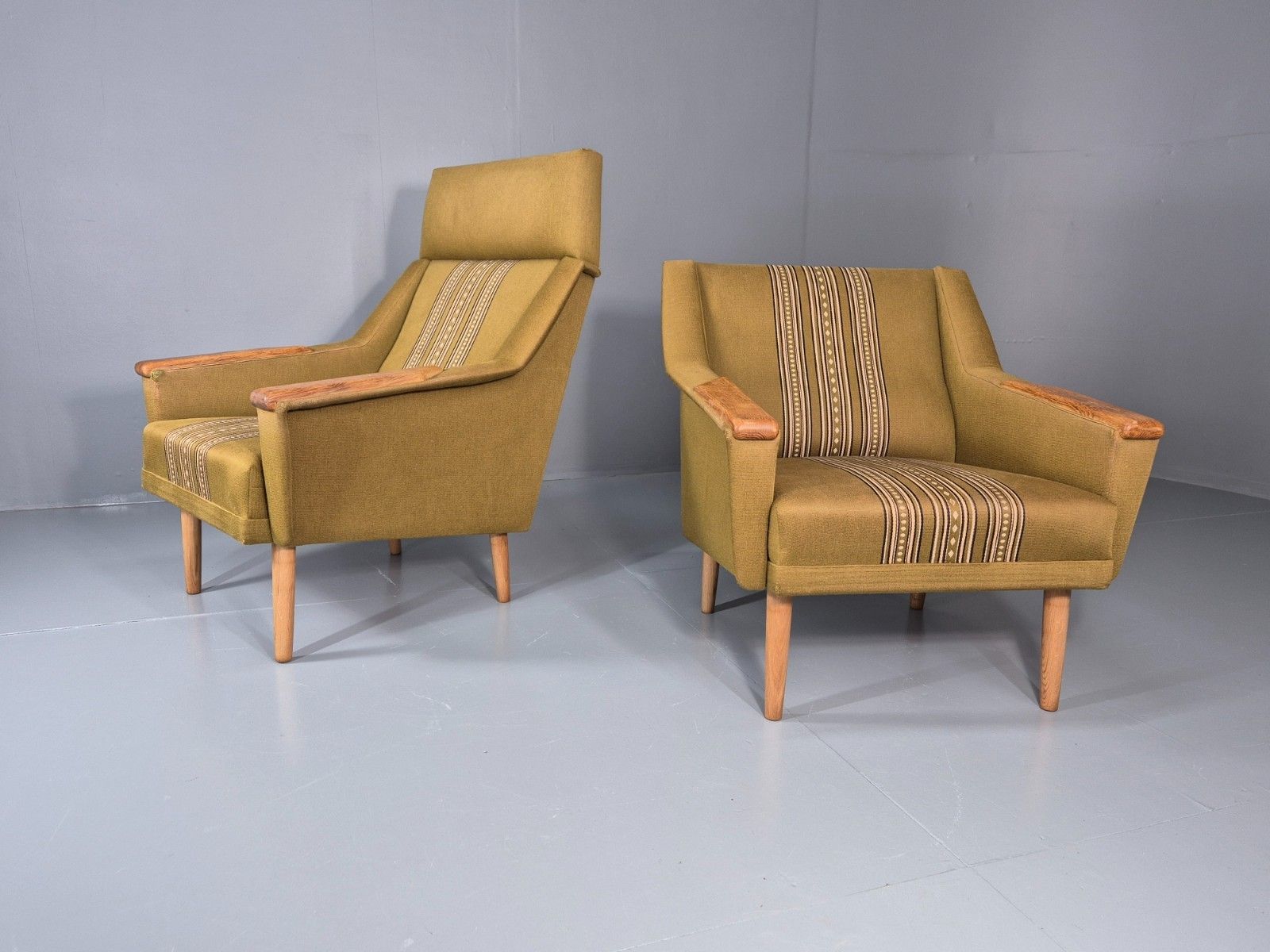 2 1970s Danish Lounge Chairs Green Wool Oak Details Retro Quality Eb11408 Mnor