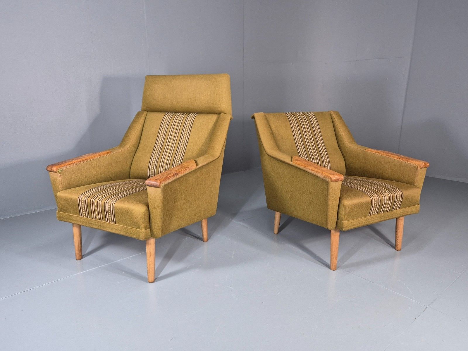 2 1970s Danish Lounge Chairs Green Wool Oak Details Retro Quality Eb11408 Mnor photo furniture