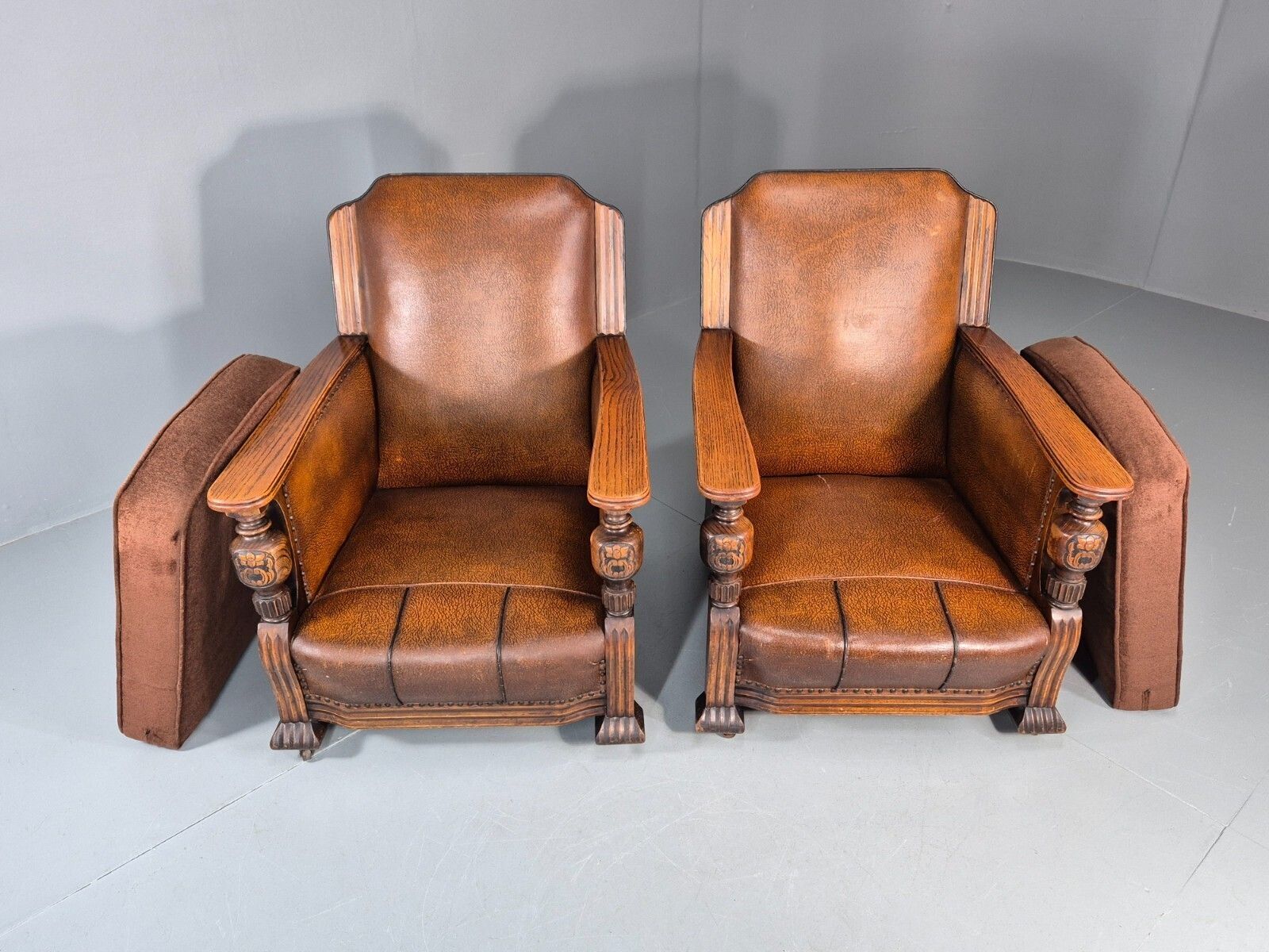 2 Edwardian Lounge Chairs Baroque Oak Frame Rexine And Velour Eb11264 Vlea photo vintage