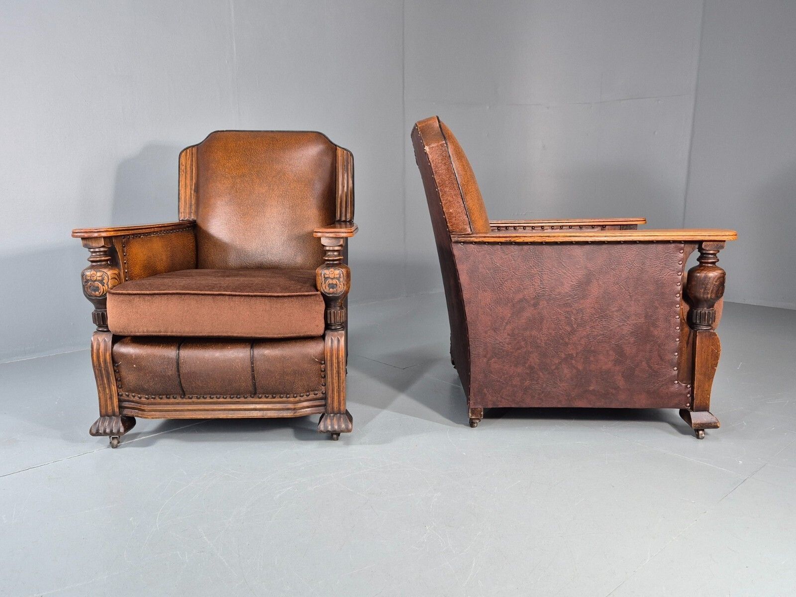 450.0 2 Edwardian Lounge Chairs Baroque Oak Frame Rexine And Velour Eb11264 Vlea photo