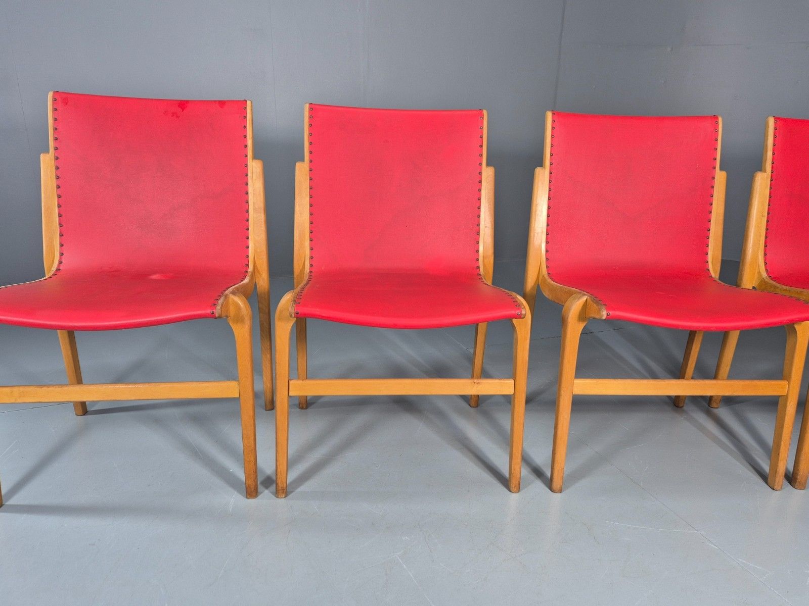 4 Stacking Lounge Chairs 1950s Swedish Red Beech Mid Century Retro Eb11102 Mdin photo for sale